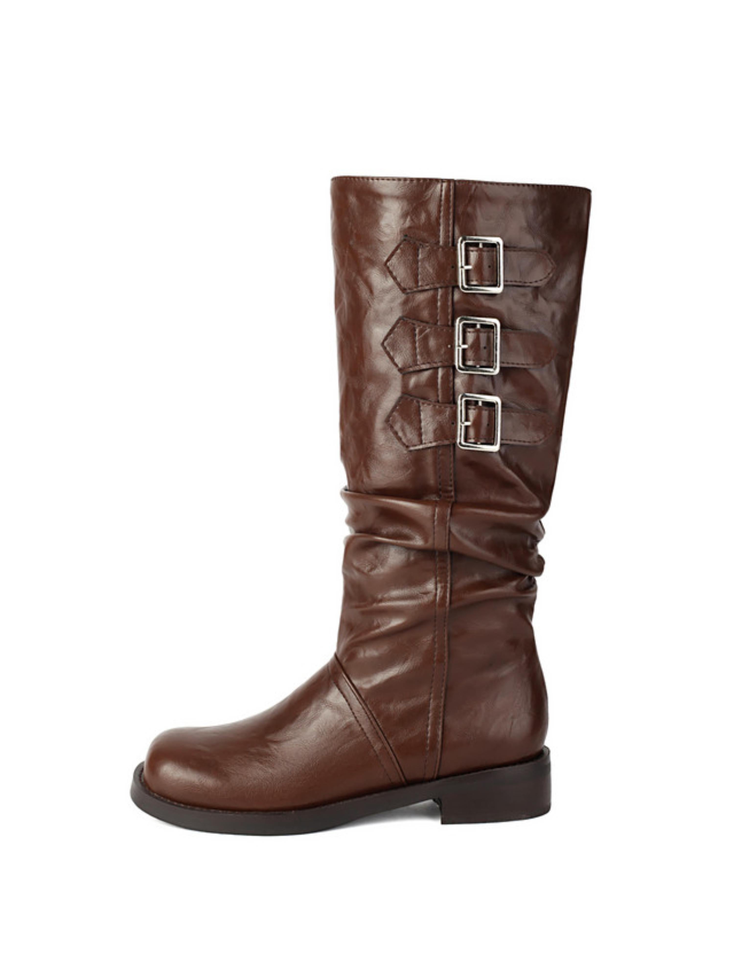 Brown Knee-High Boots with Triple Buckle Detail