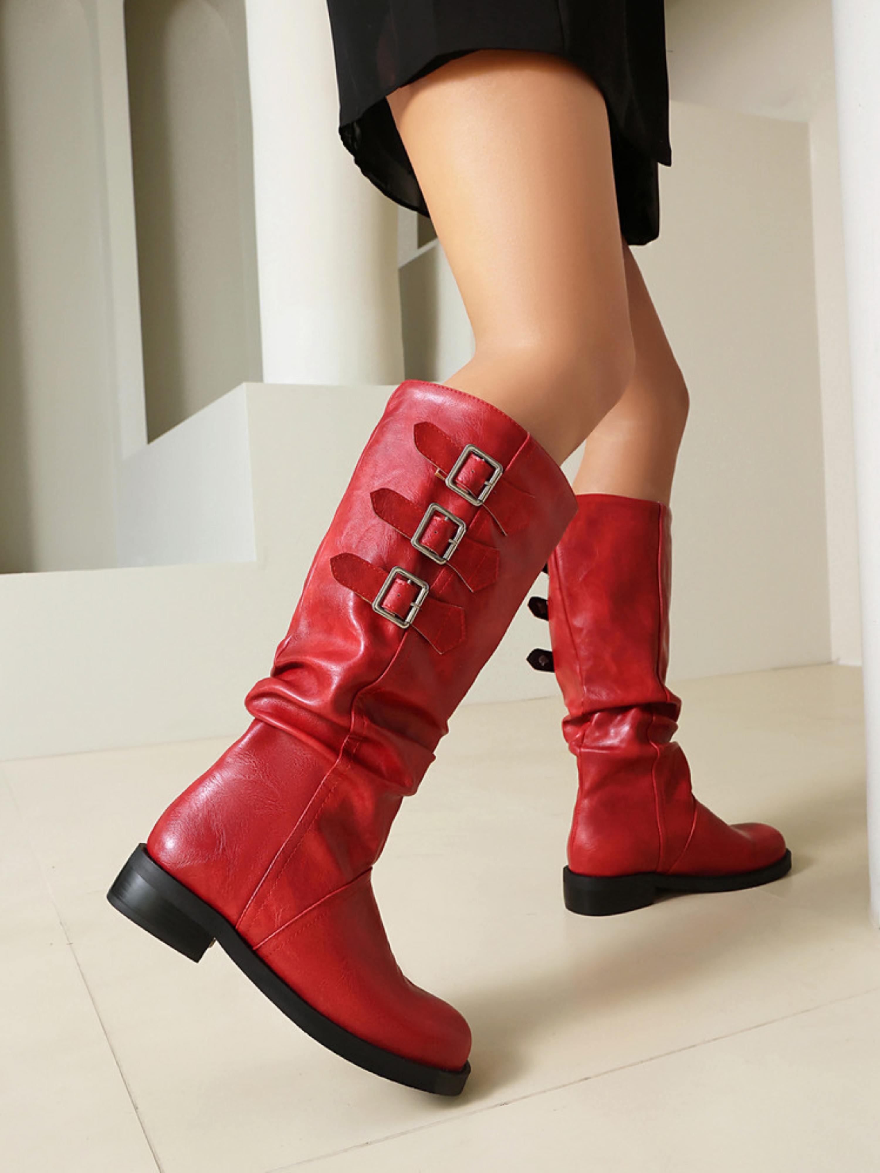 Red Low Heel Buckled Slouchy Knee-High Boots