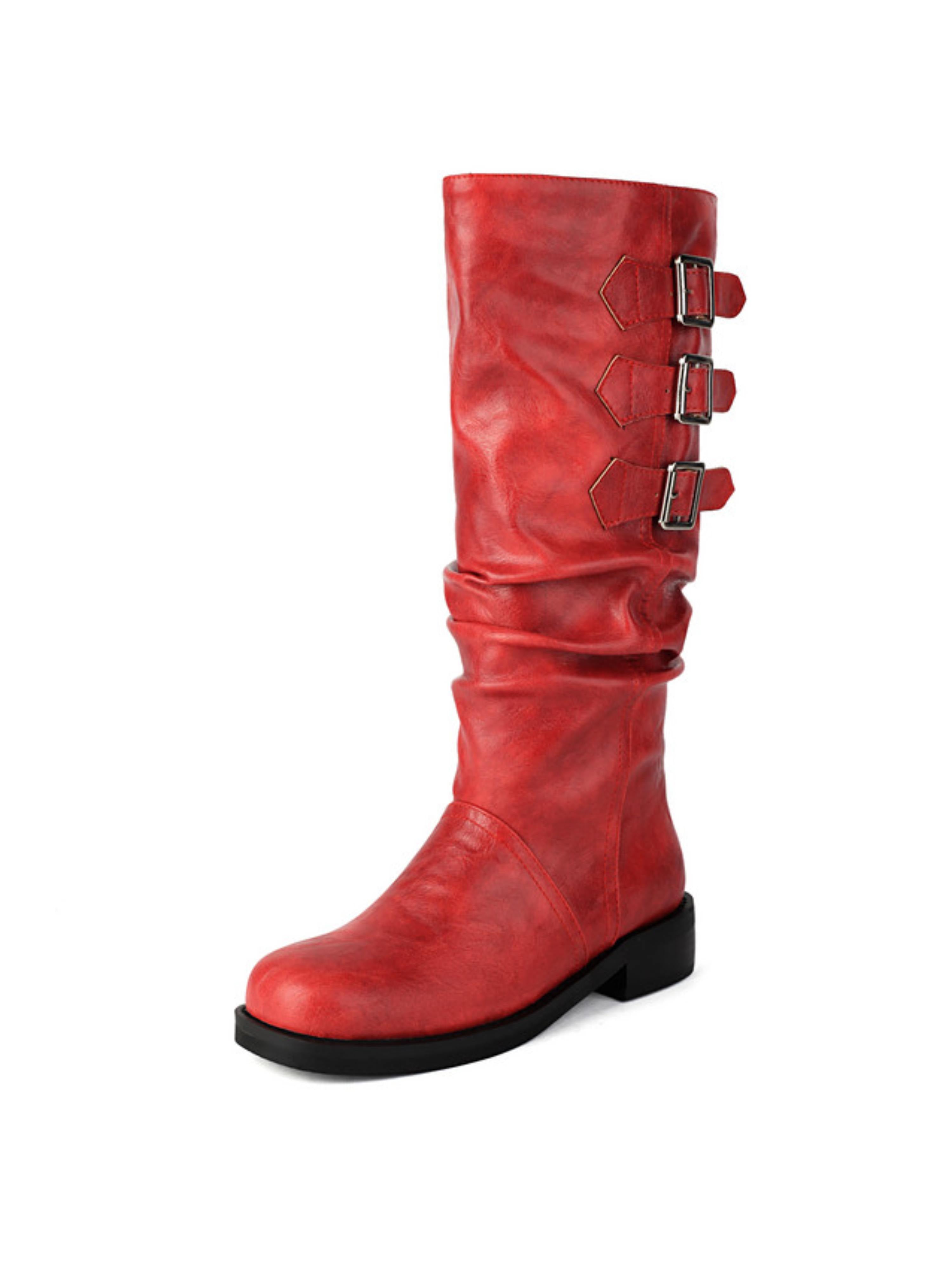 Red Low Heel Buckled Slouchy Knee-High Boots