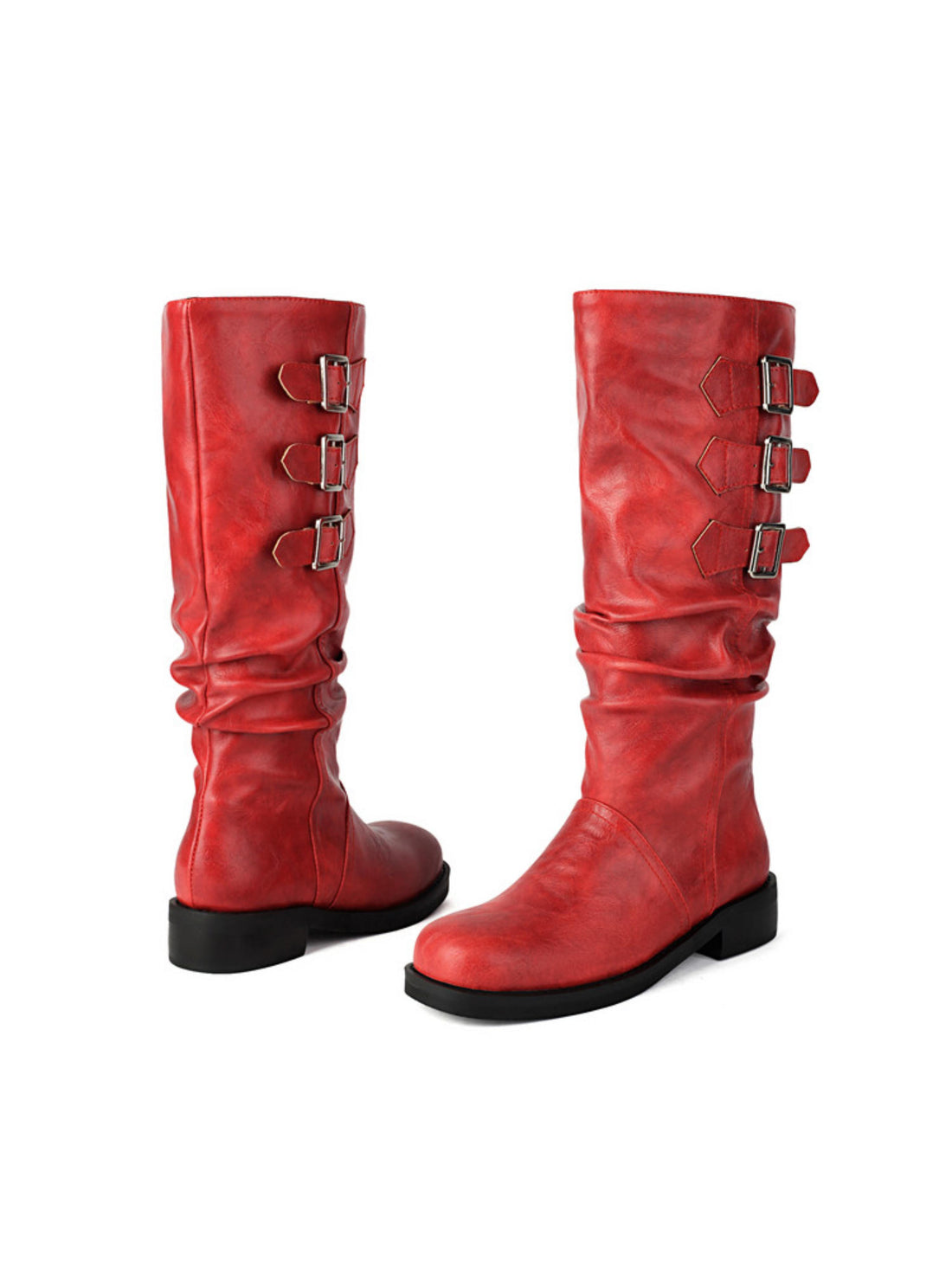 Red Low Heel Buckled Slouchy Knee-High Boots