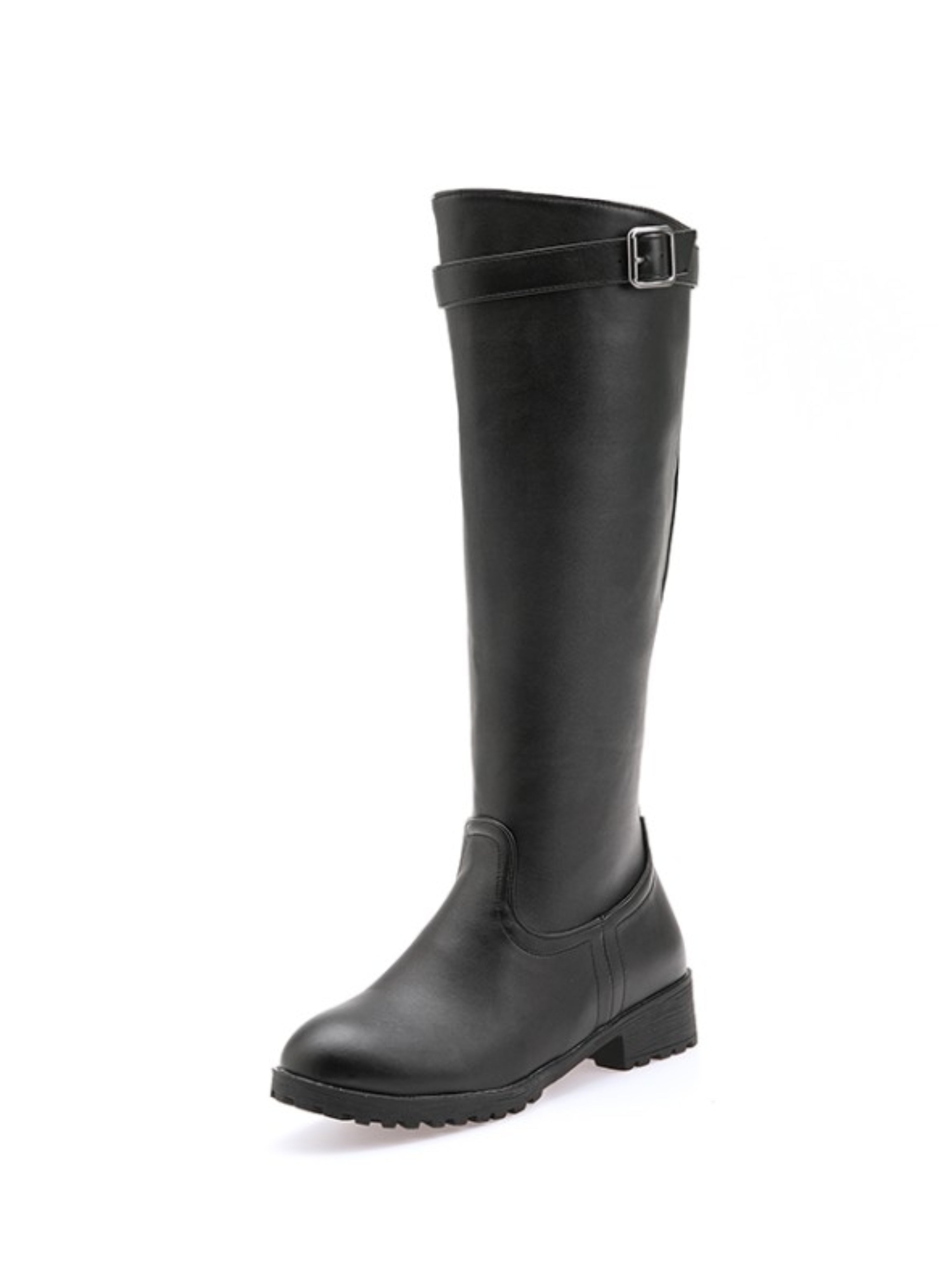 Fashion Black Low Heel Bukled Knee-High Boots for Women