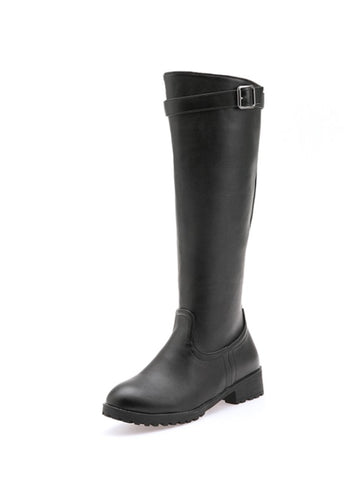 Fashion Black Low Heel Bukled Knee-High Boots for Women