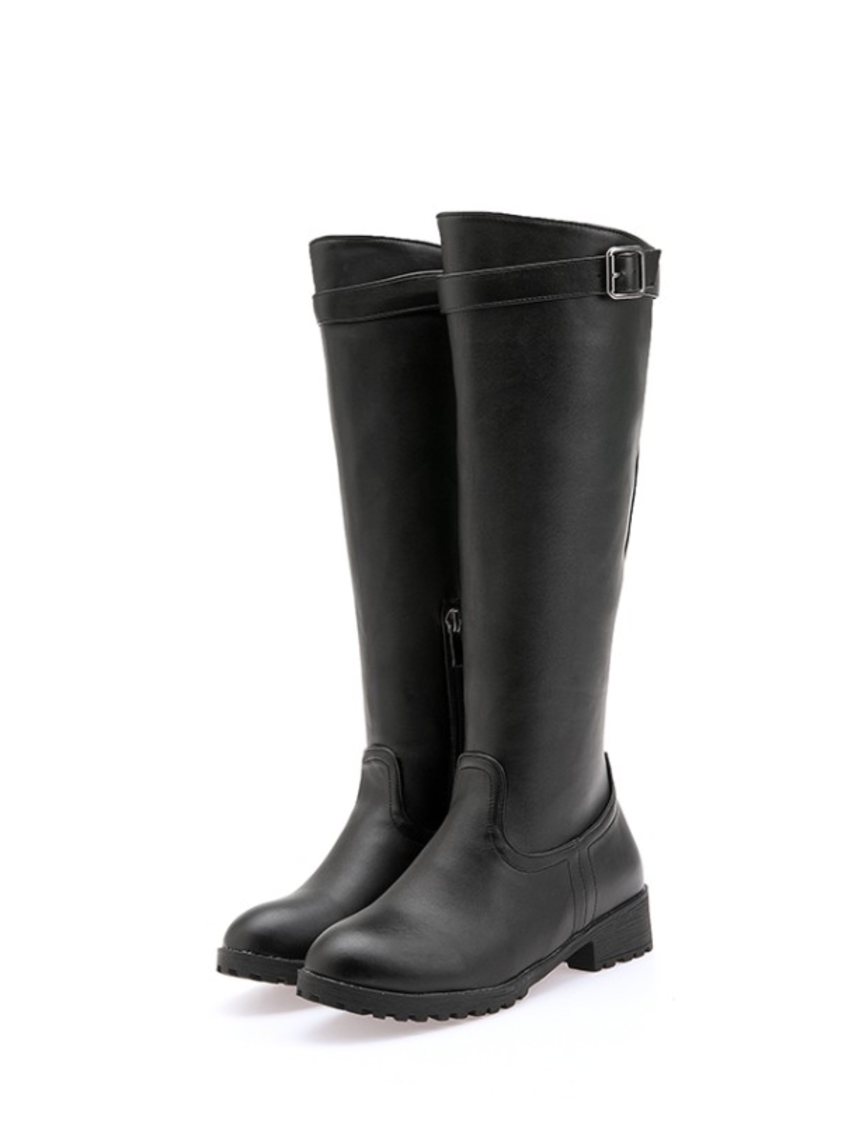 Fashion Black Low Heel Bukled Knee-High Boots for Women