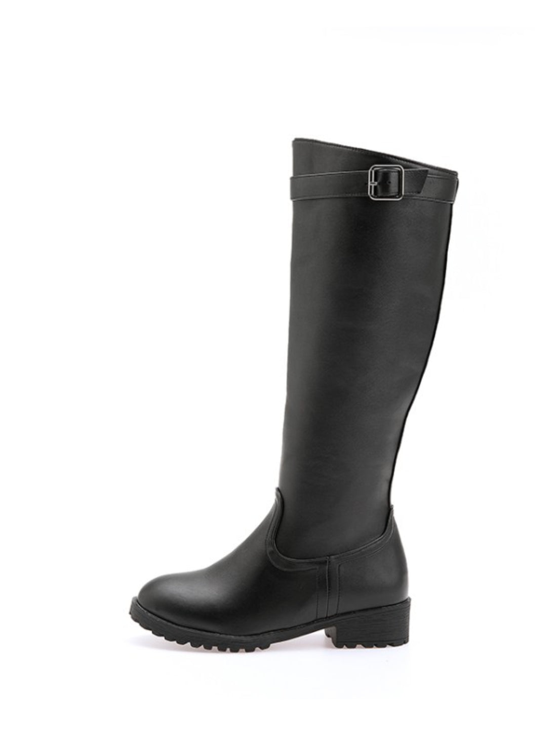 Fashion Black Low Heel Bukled Knee-High Boots for Women