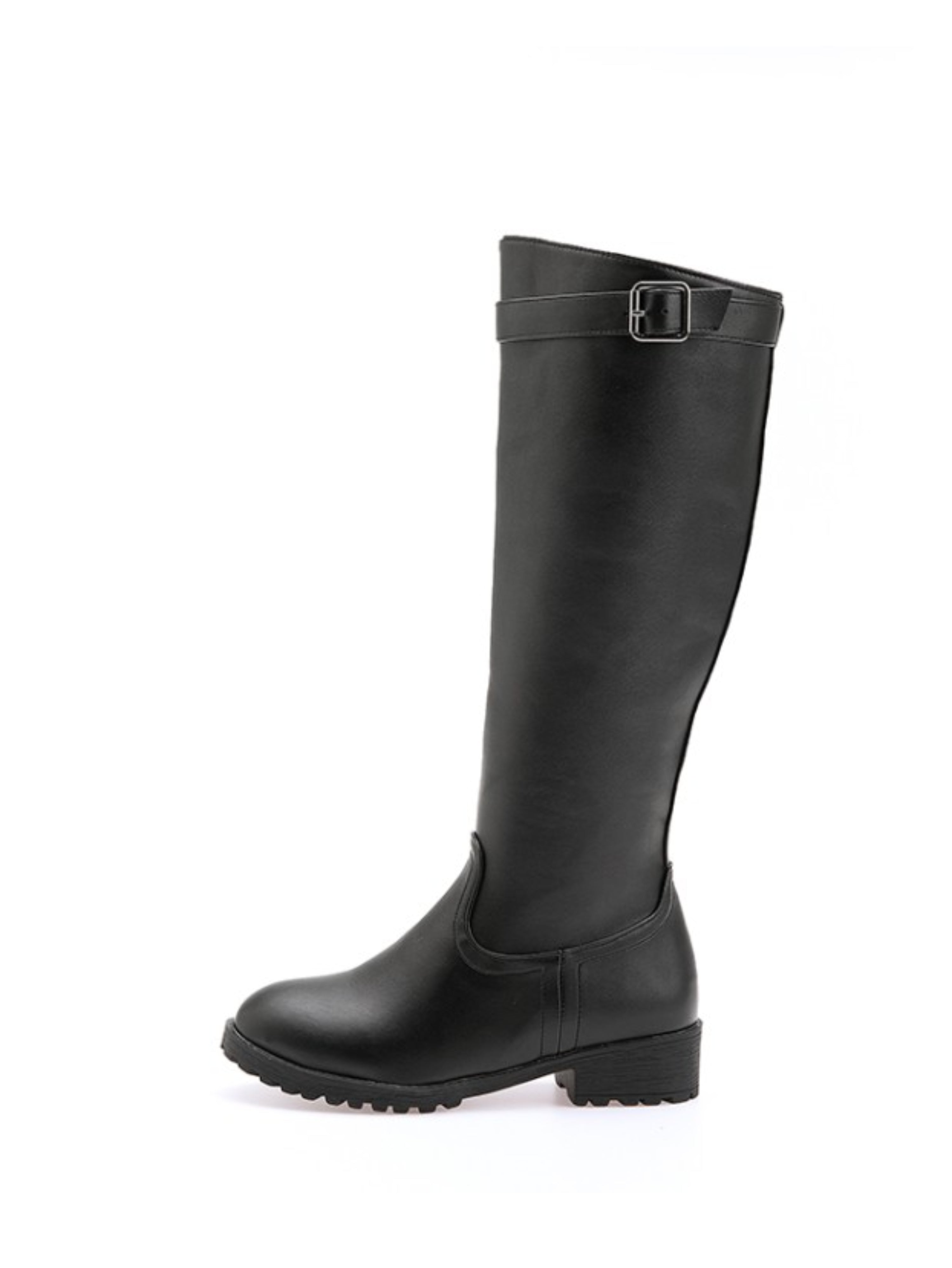 Fashion Black Low Heel Bukled Knee-High Boots for Women