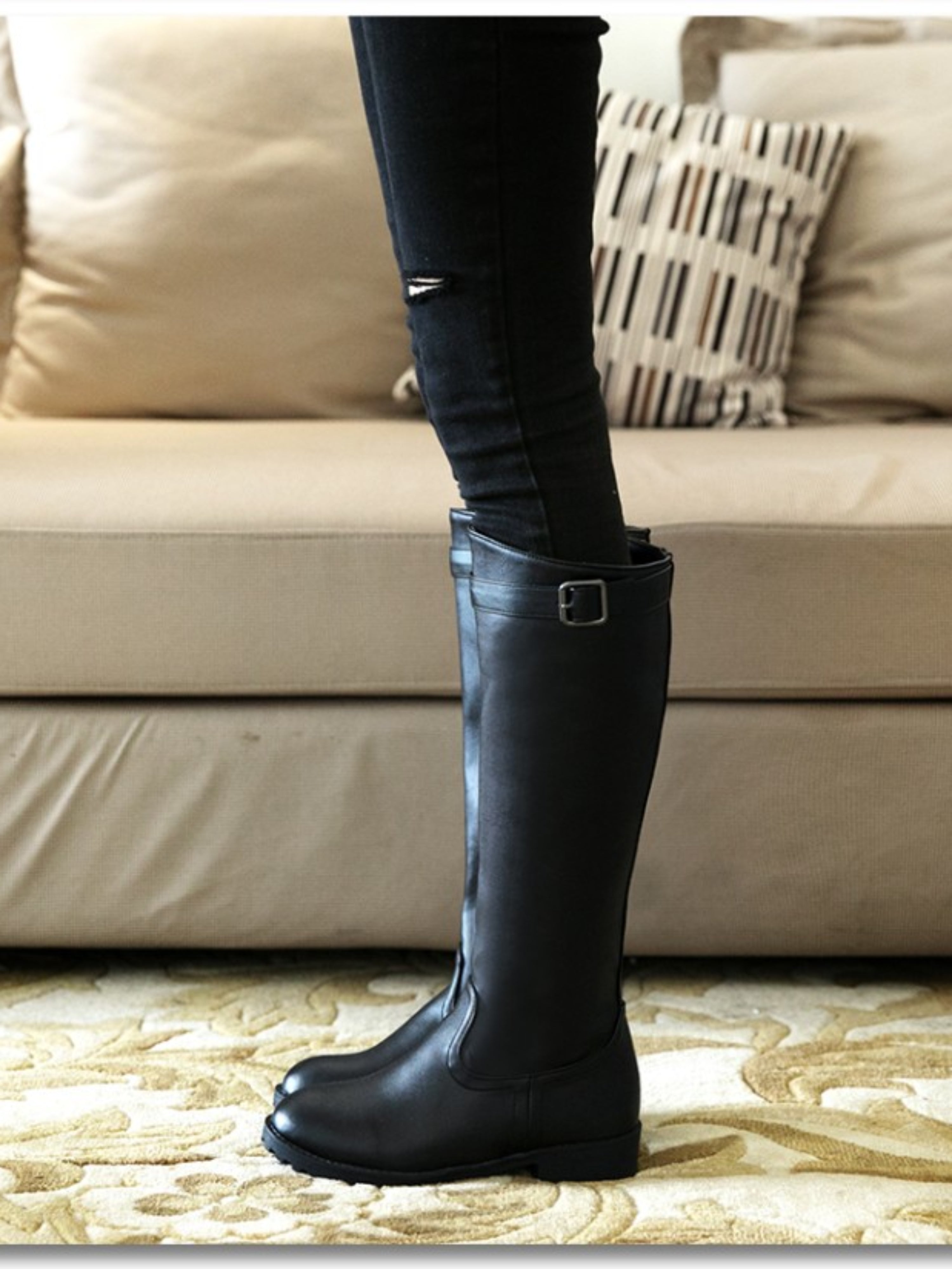 Fashion Black Low Heel Bukled Knee-High Boots for Women