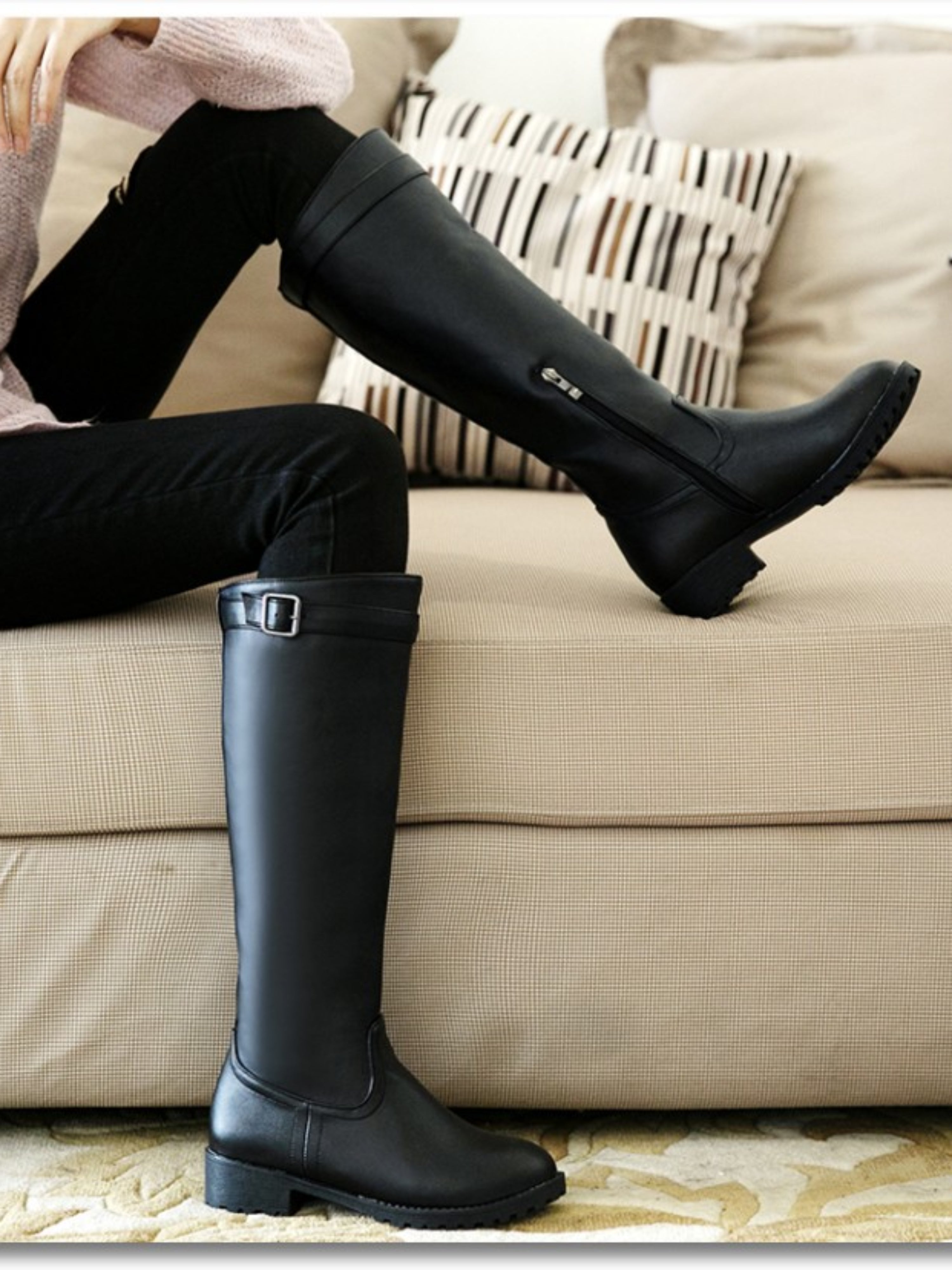 Fashion Black Low Heel Bukled Knee-High Boots for Women