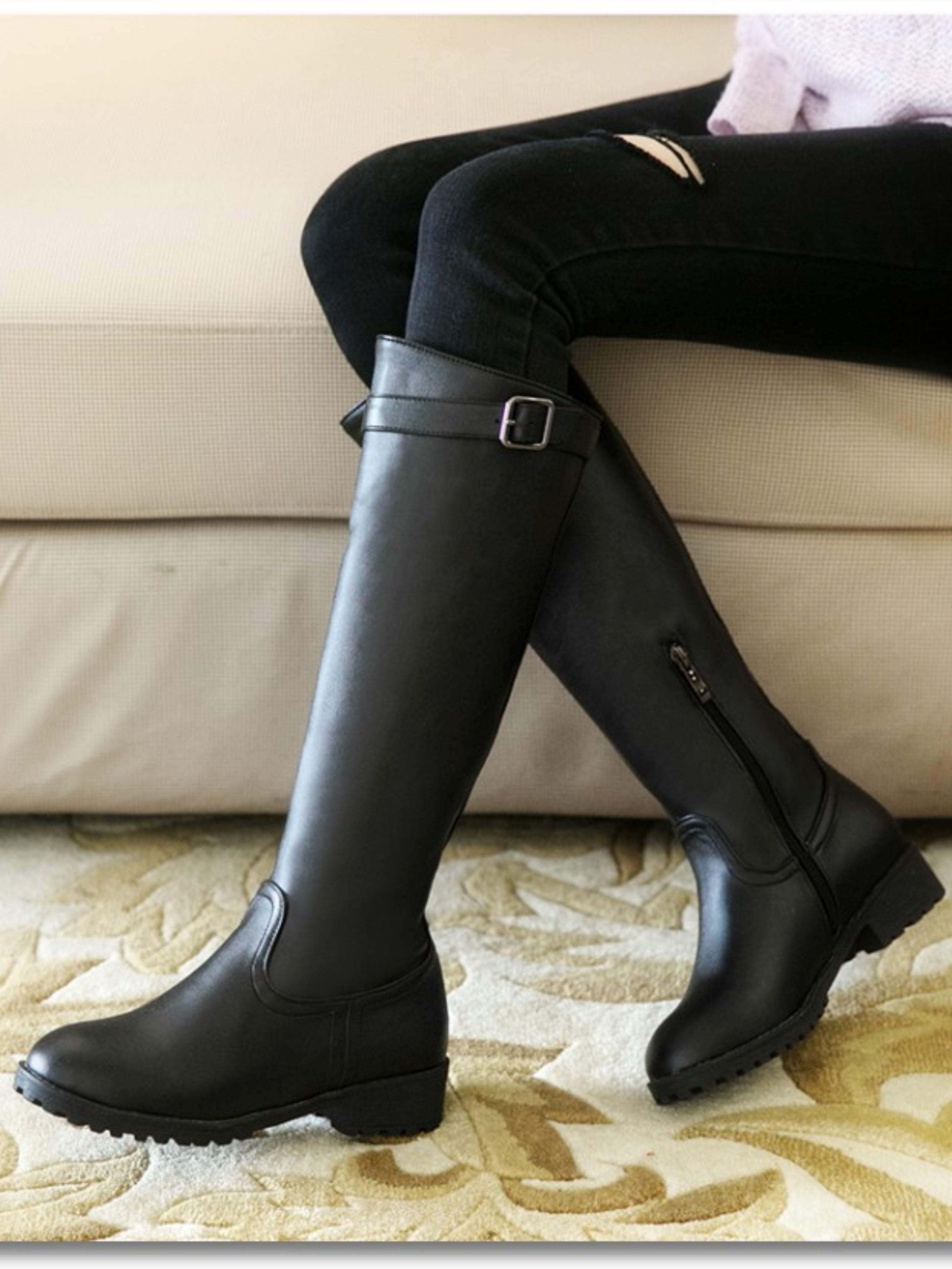 Fashion Black Low Heel Bukled Knee-High Boots for Women
