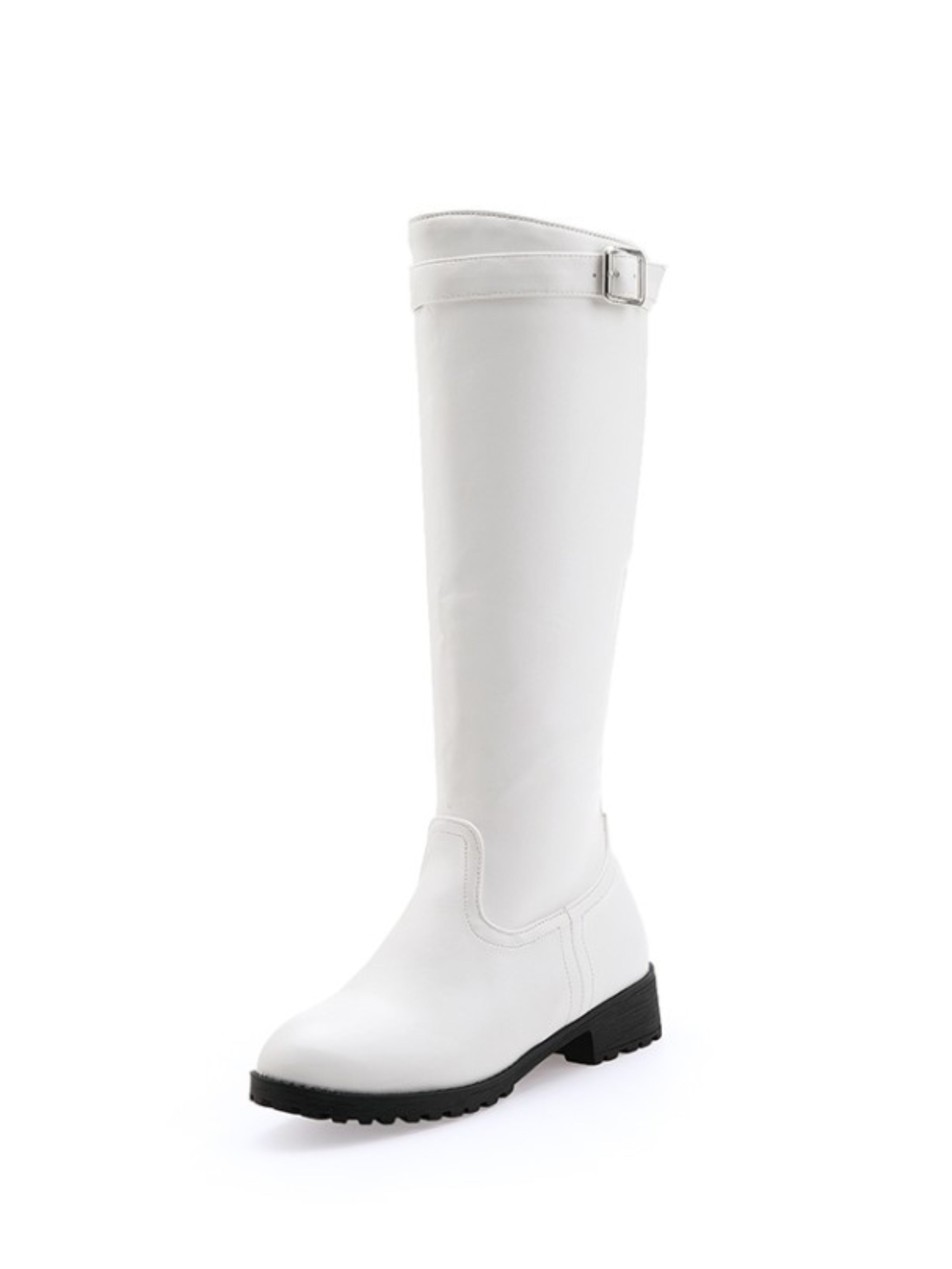 White Round Toe Knee-High Buckle Boots for Women