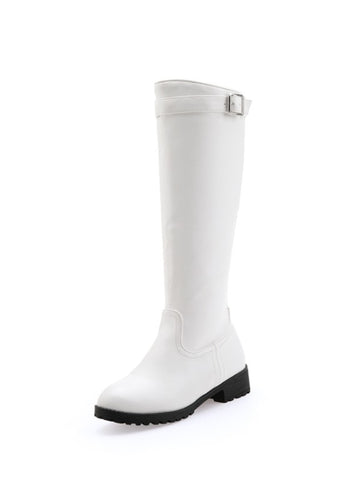 White Round Toe Knee-High Buckle Boots for Women
