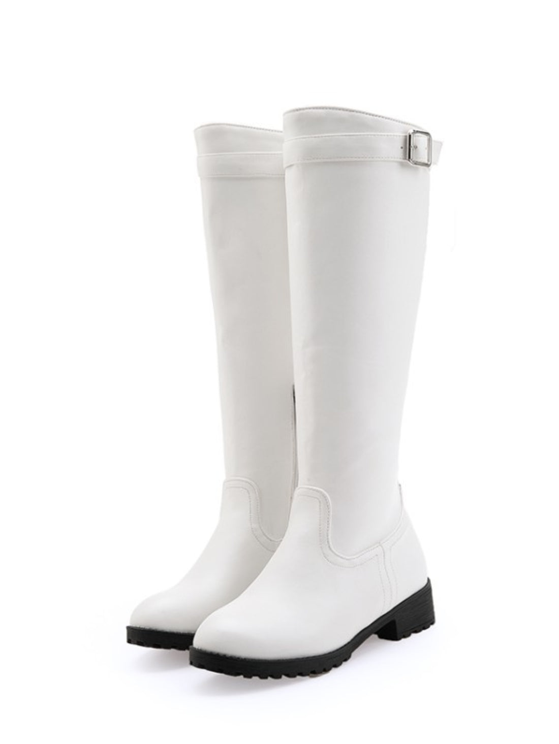 White Round Toe Knee-High Buckle Boots for Women
