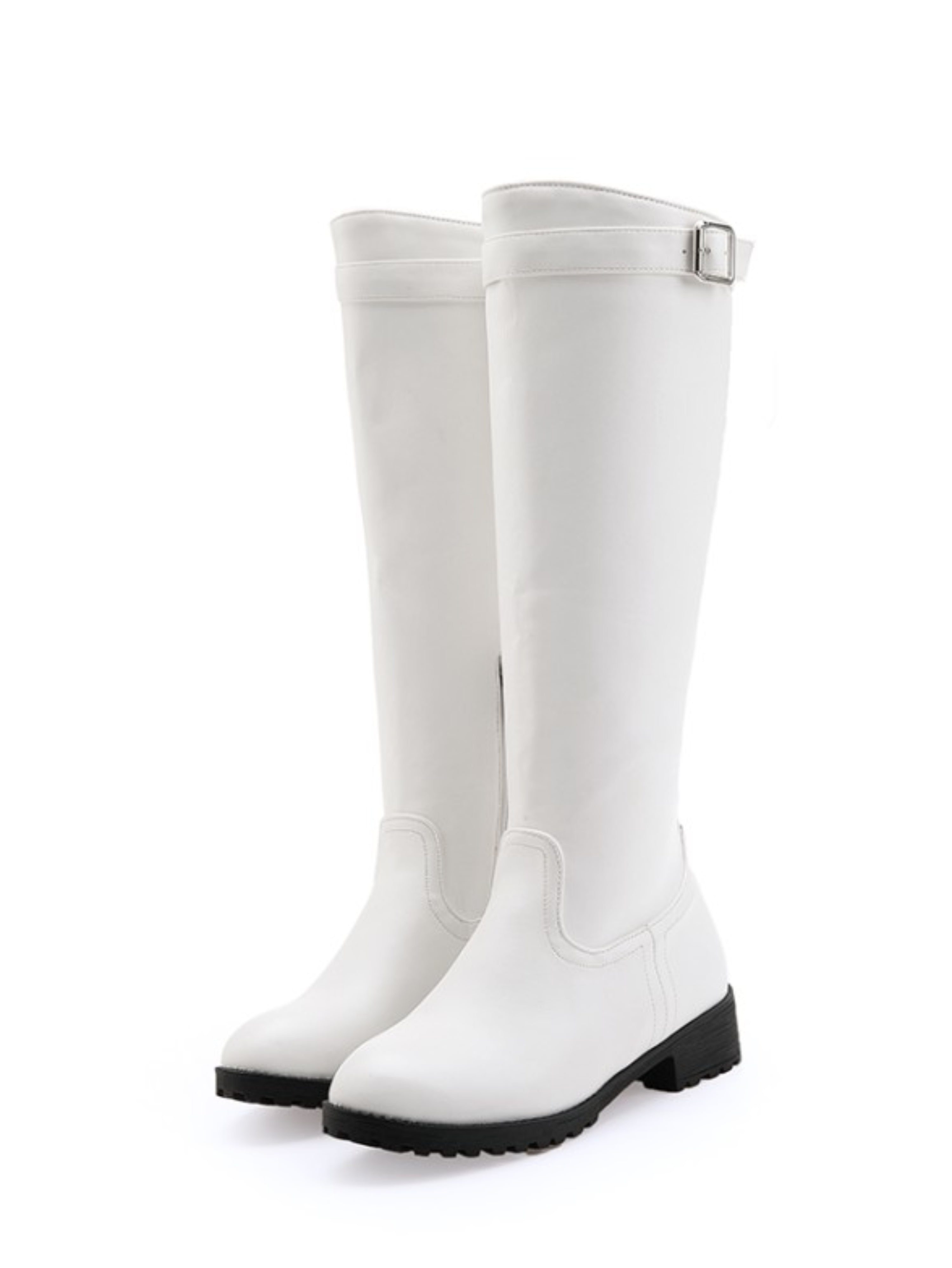 White Round Toe Knee-High Buckle Boots for Women
