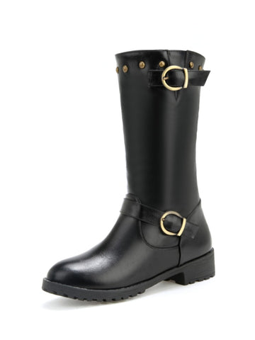 Trendy Black Buckled Mid-Calf Riding Boots for Women
