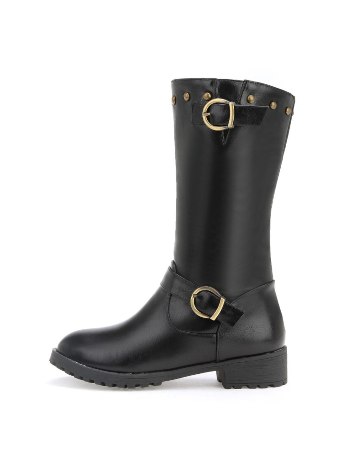 Trendy Black Buckled Mid-Calf Riding Boots for Women