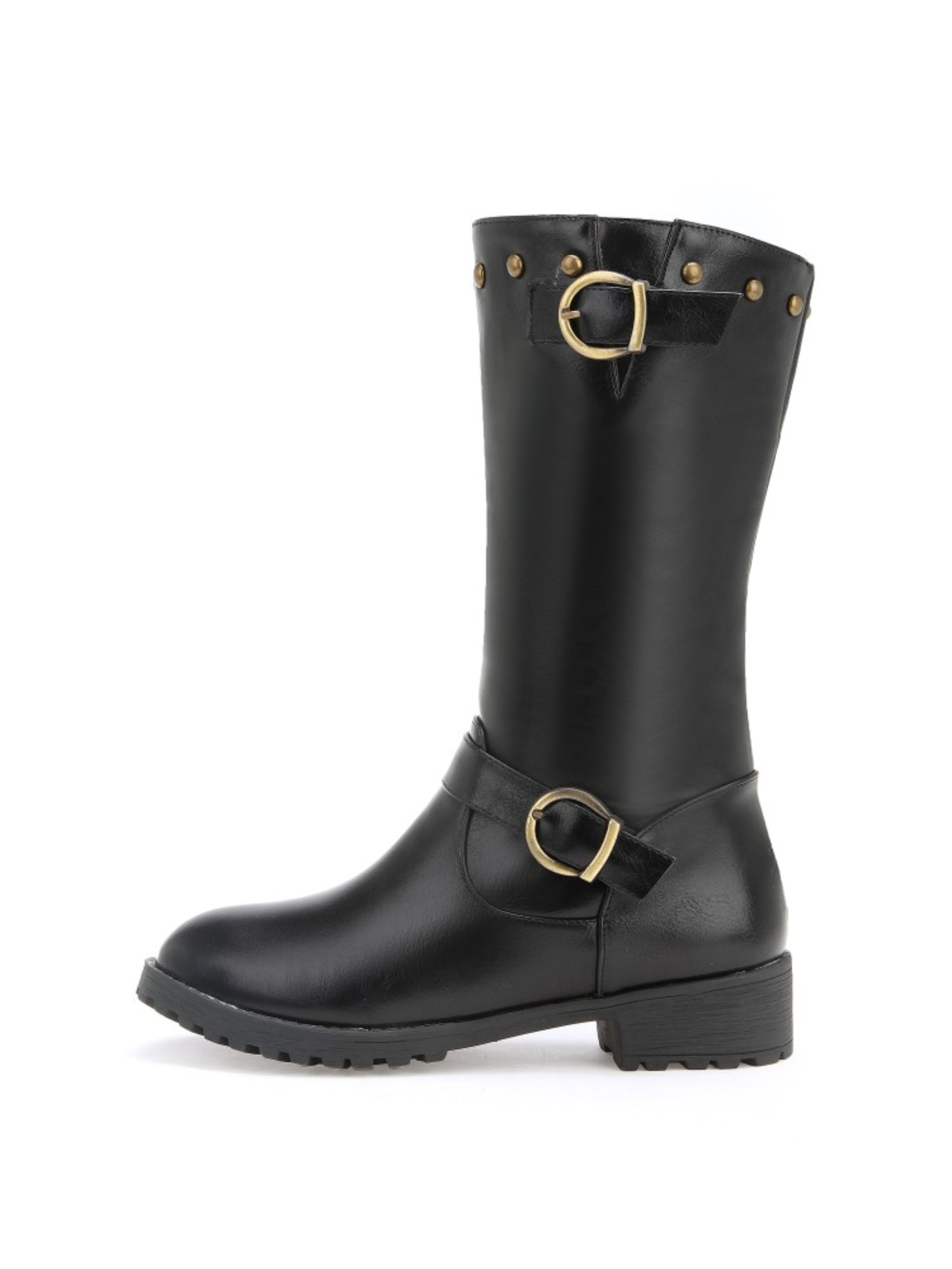 Trendy Black Buckled Mid-Calf Riding Boots for Women