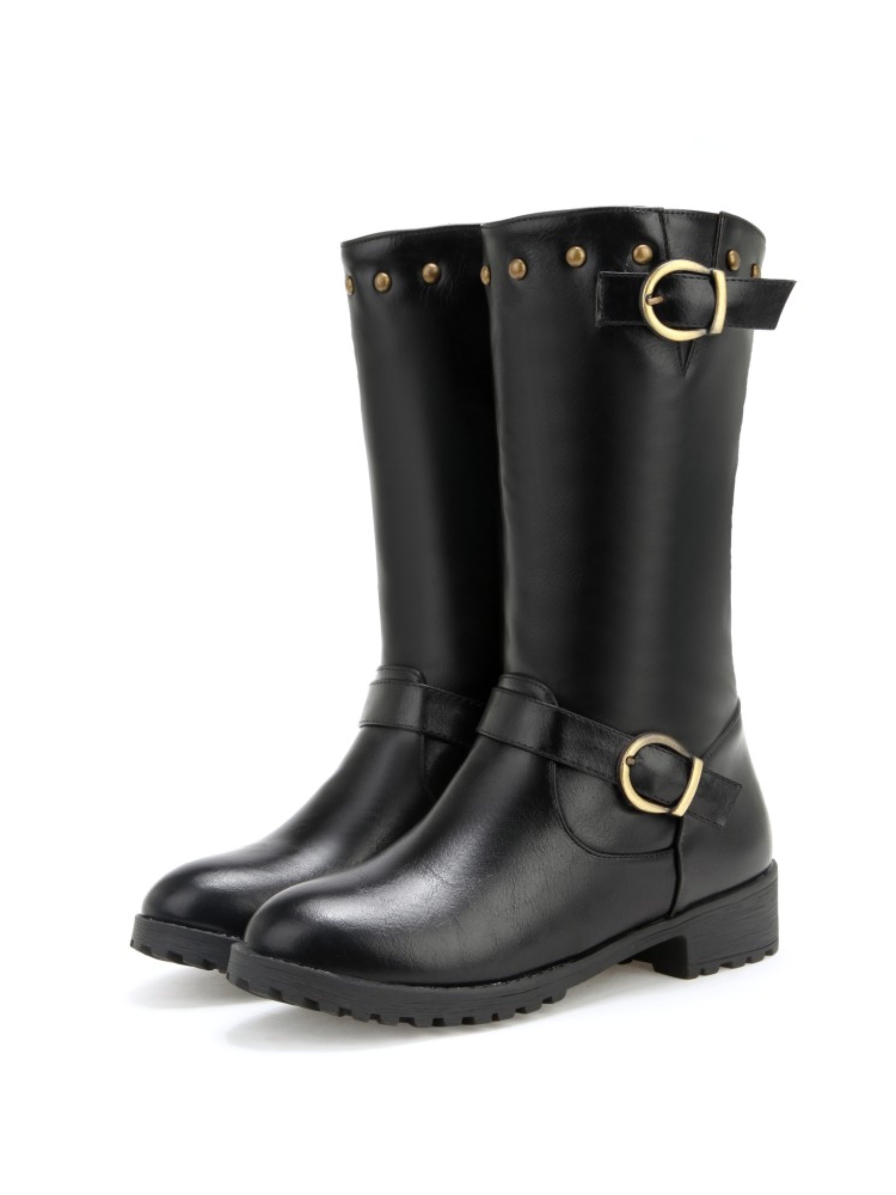Trendy Black Buckled Mid-Calf Riding Boots for Women