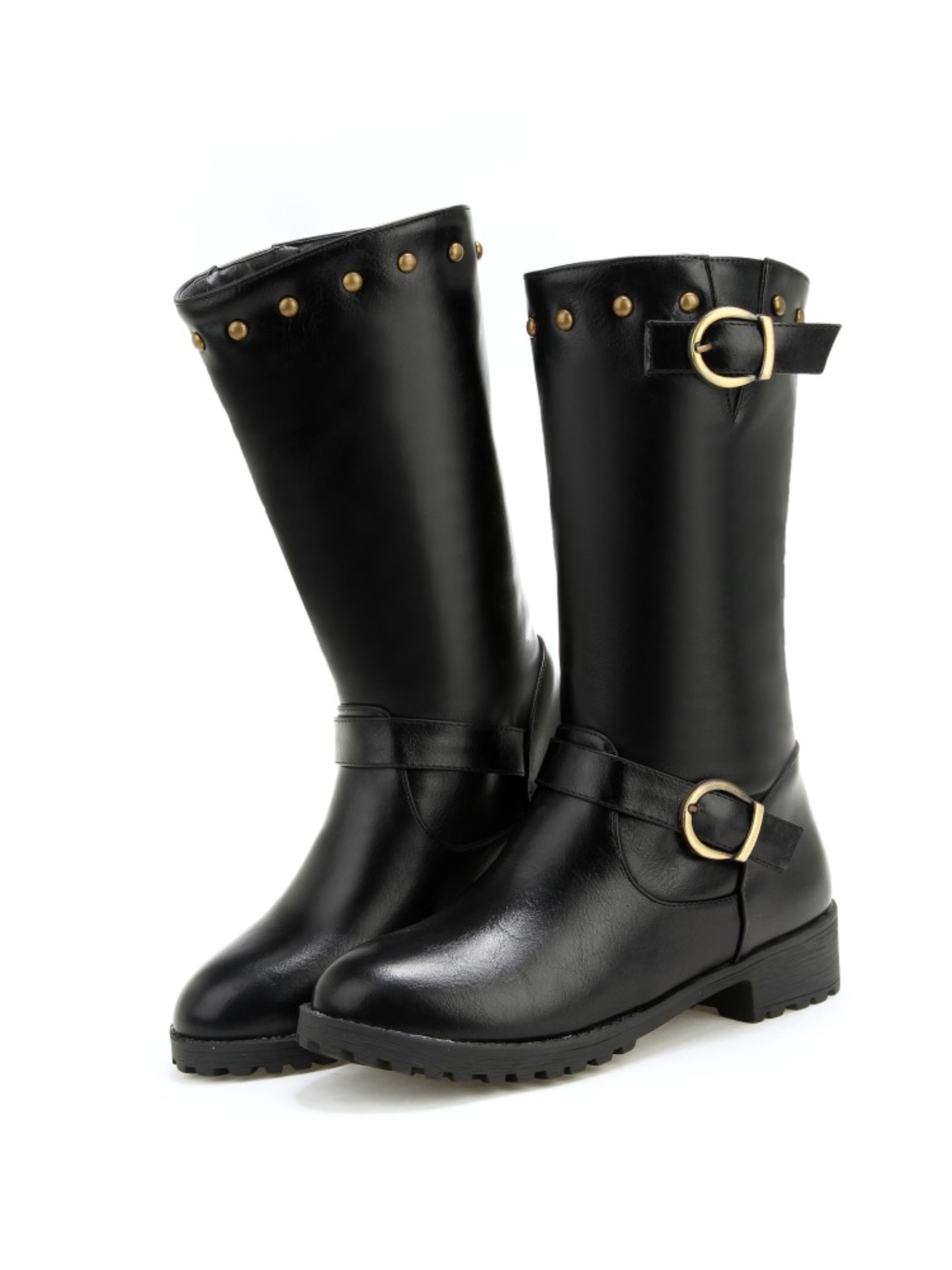 Trendy Black Buckled Mid-Calf Riding Boots for Women