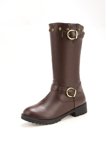 Brown Round Toe Mid-Calf Boots for Women