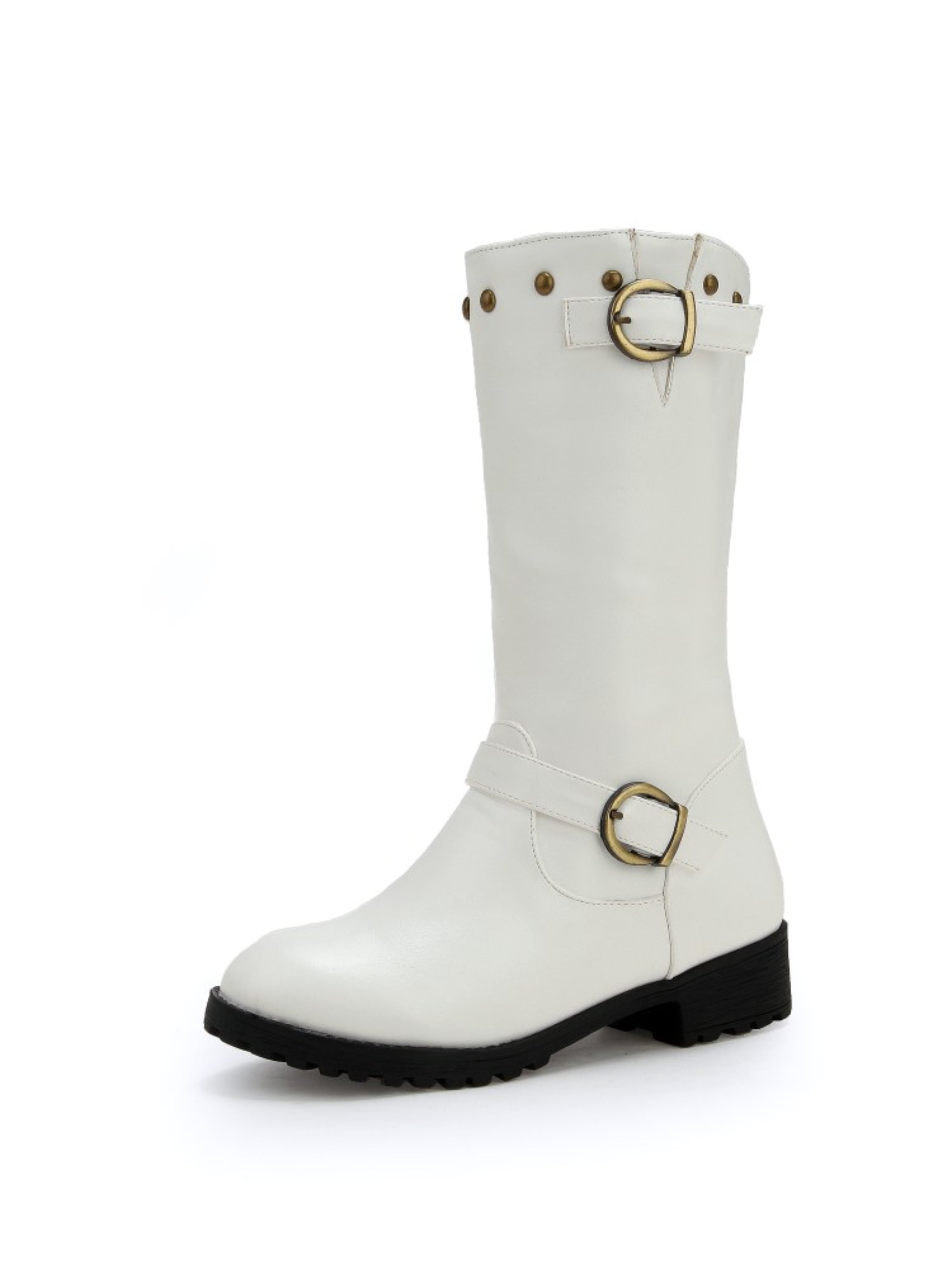 White Studded Buckle Low Heel Mid-Calf Boots