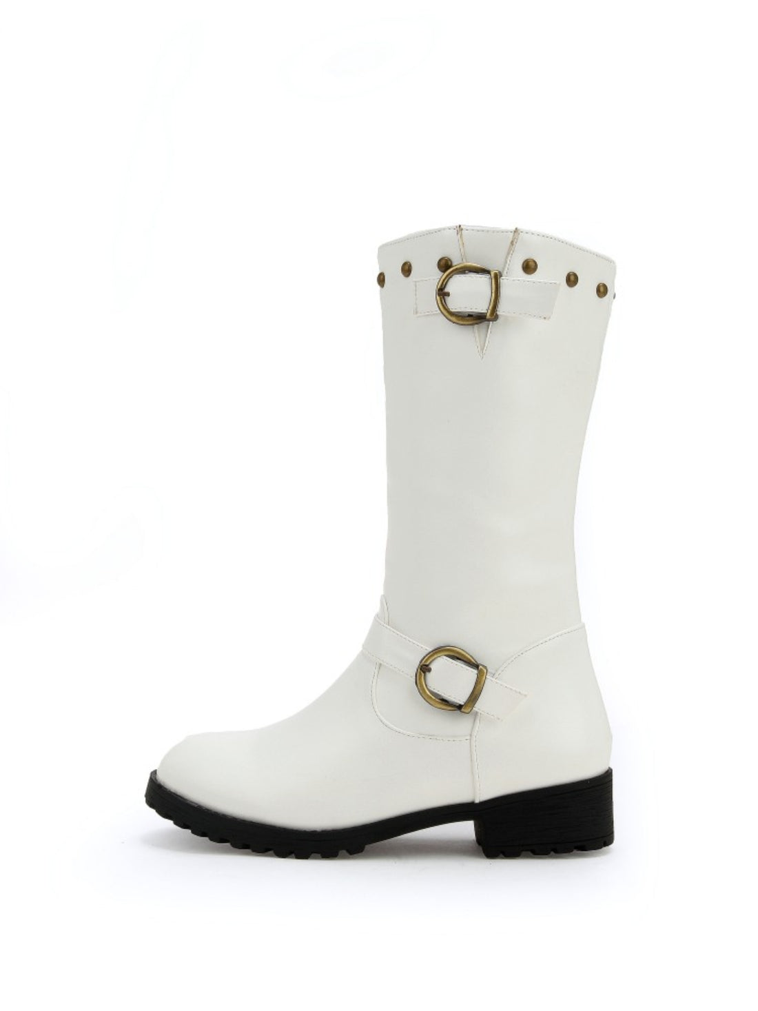 White Studded Buckle Low Heel Mid-Calf Boots
