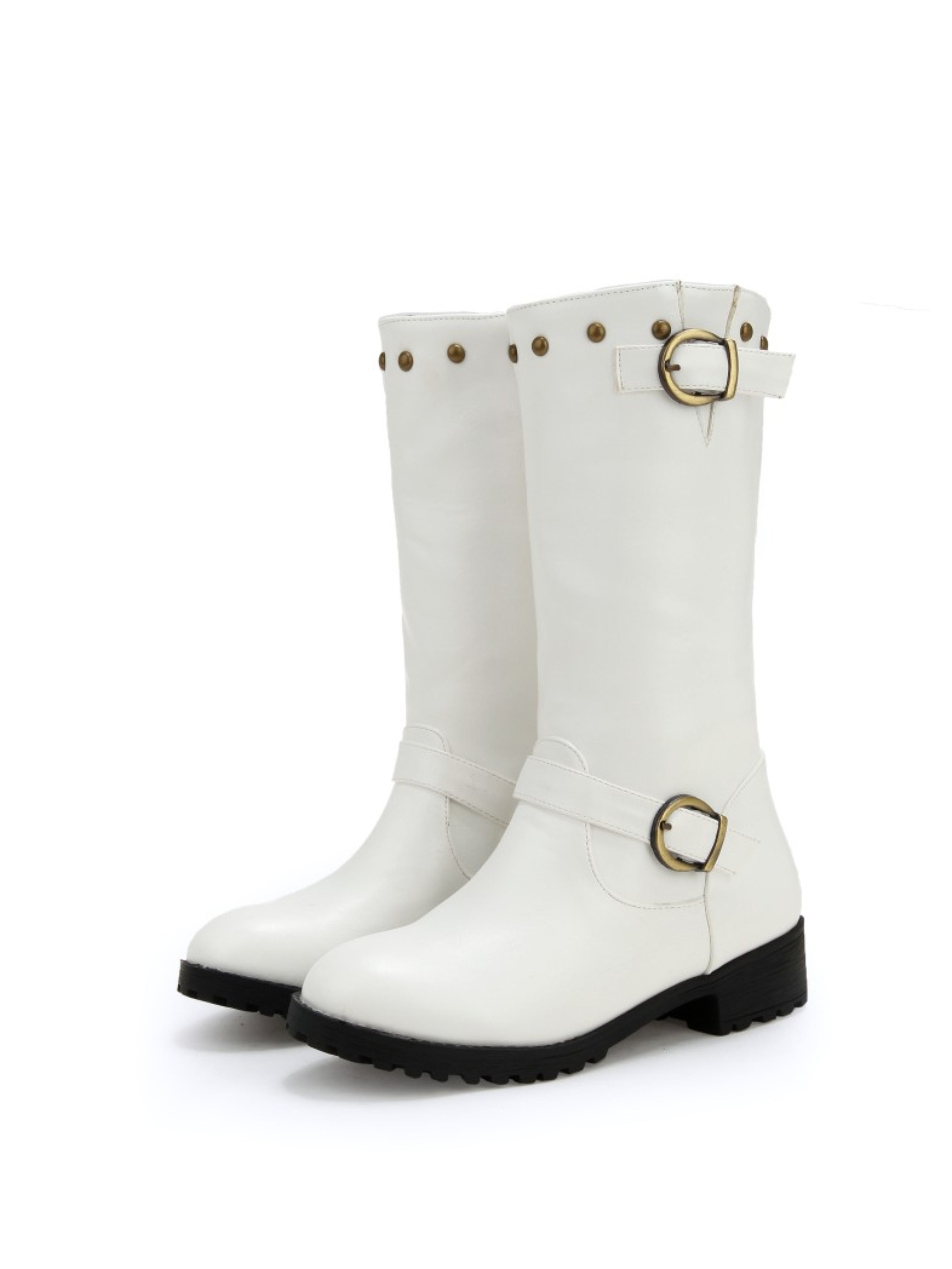 White Studded Buckle Low Heel Mid-Calf Boots
