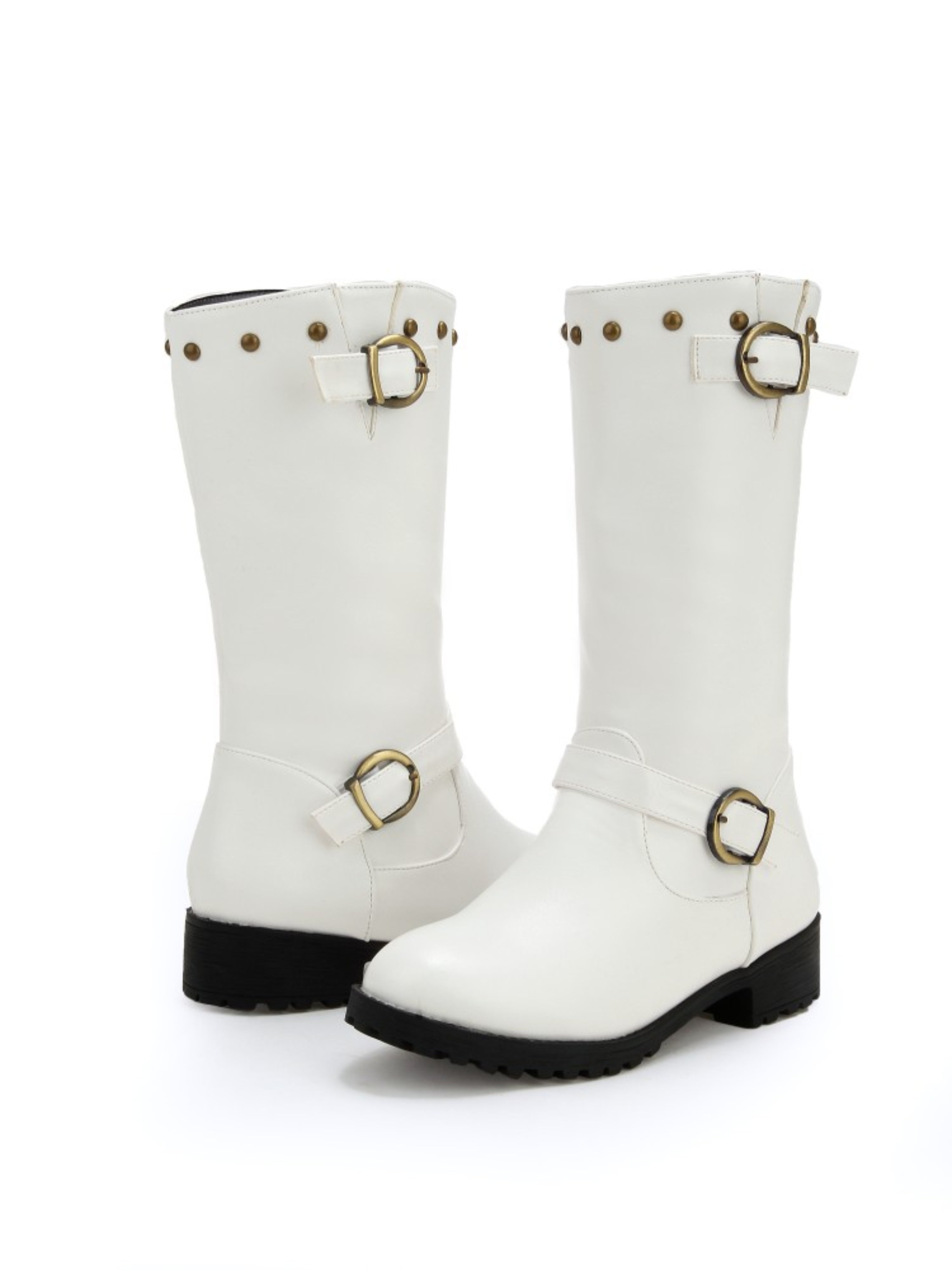 White Studded Buckle Low Heel Mid-Calf Boots