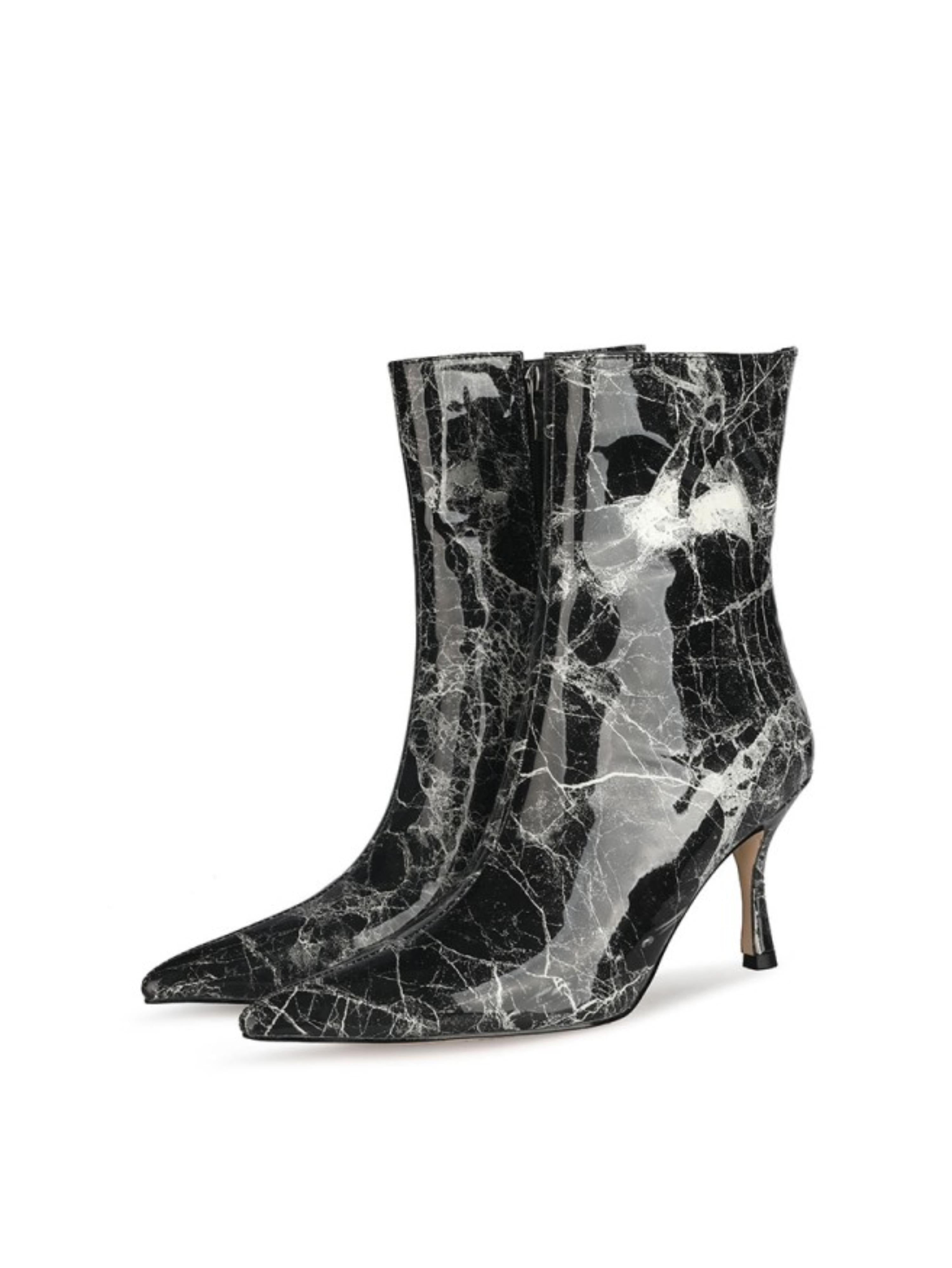 Black Marble Print Pointed Toe Ankle Short Boots for Women