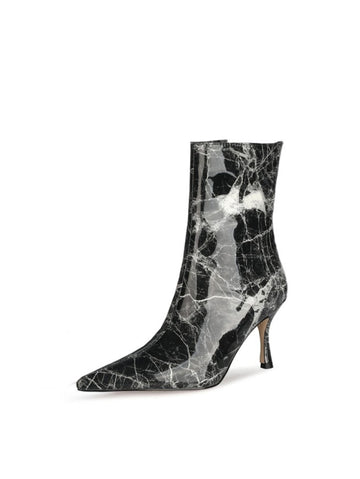 Black Marble Print Pointed Toe Ankle Short Boots for Women