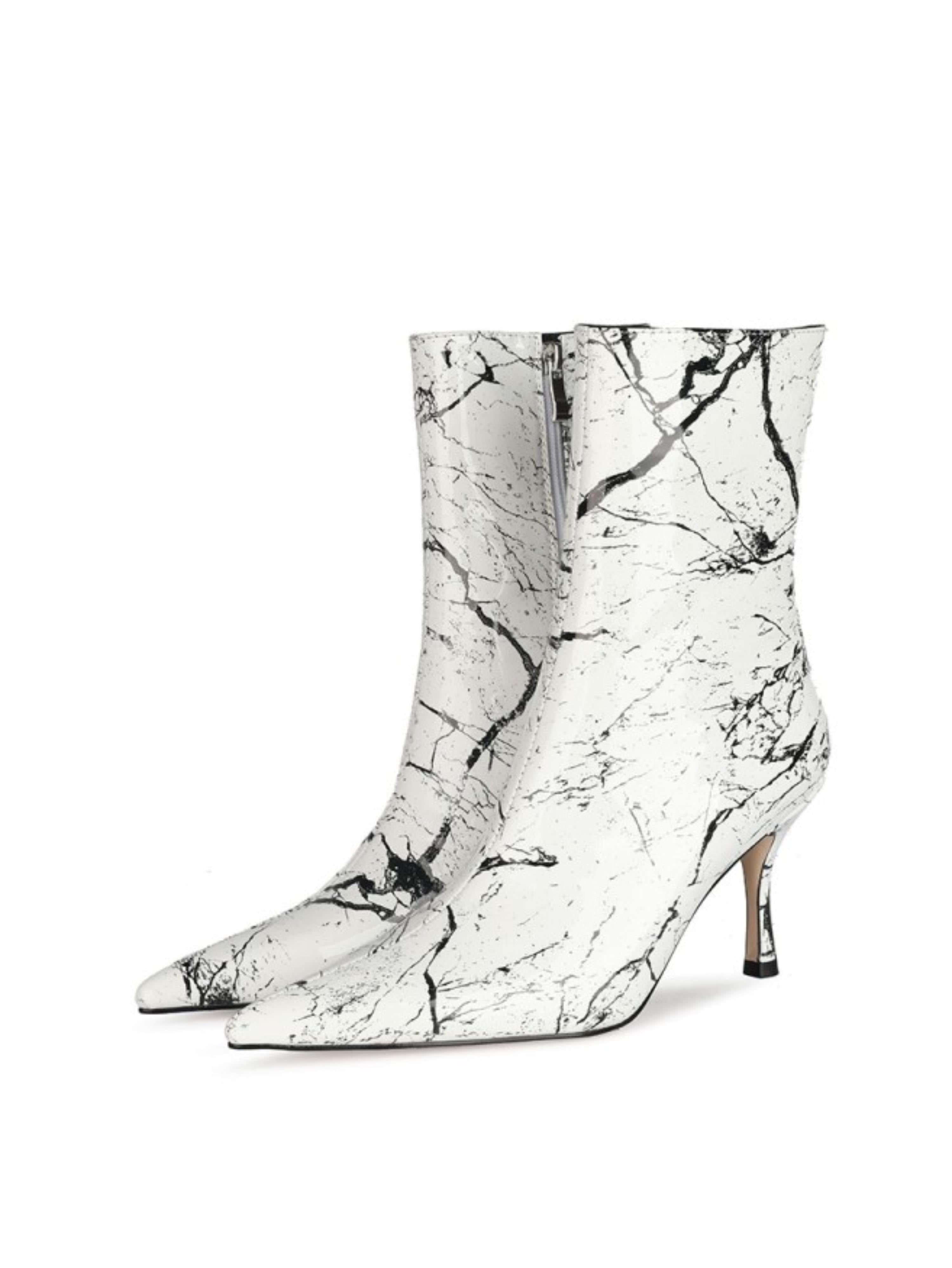 White Marble Luxe Pointed Toe Ankle Boots