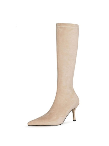 Soft Pastel Beige Lycra High-Heel Women's Tall Boots