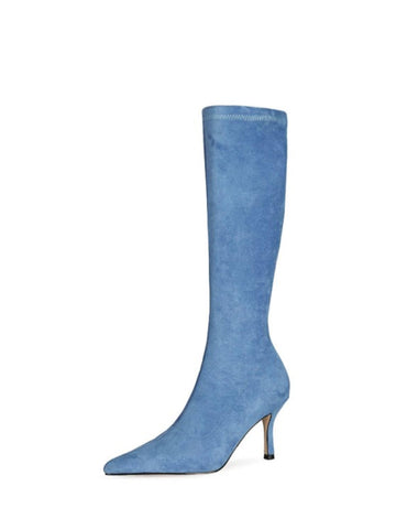 Sky Blue Lycra High-Heel Long Boots for Women