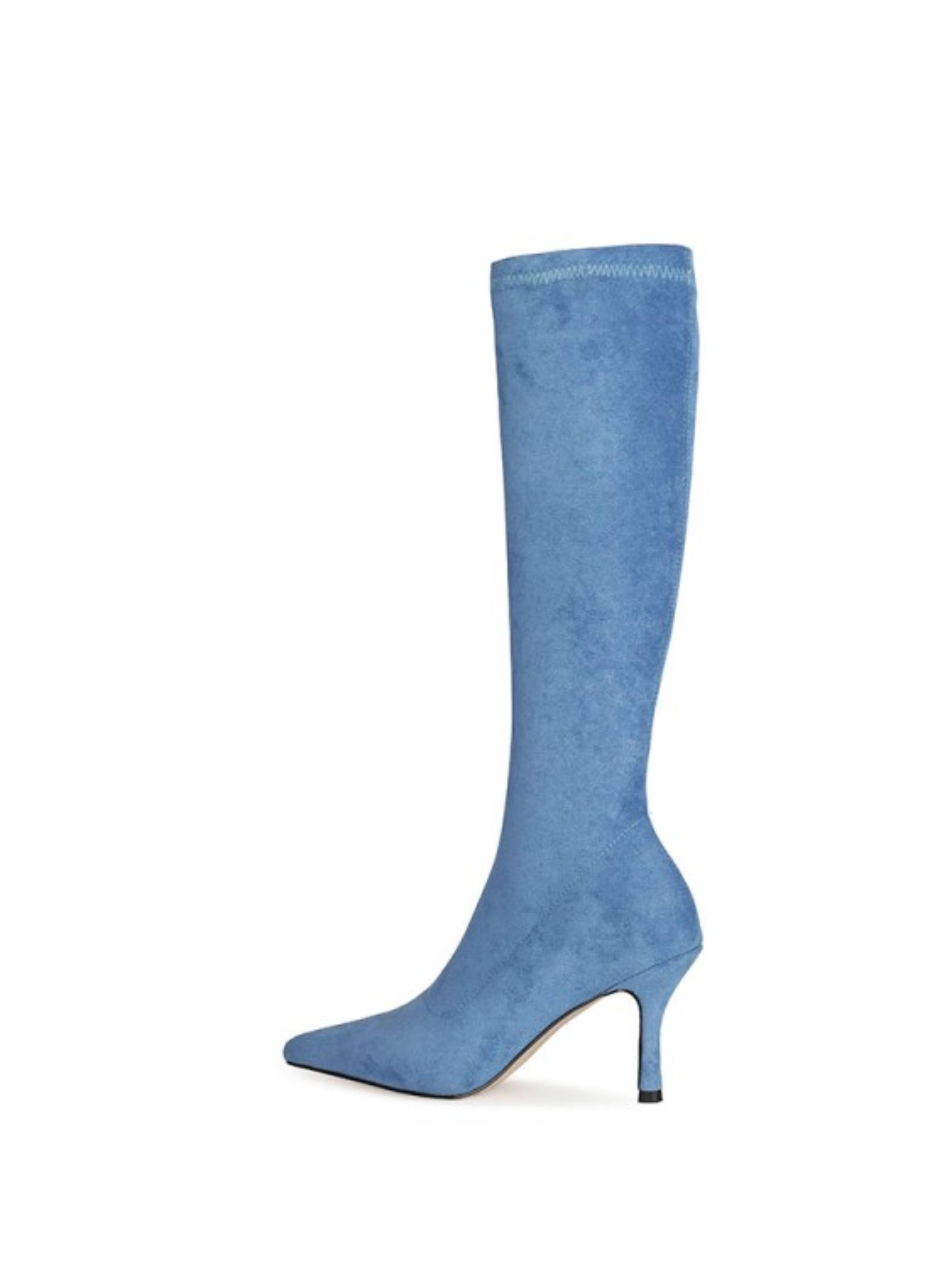 Sky Blue Lycra High-Heel Long Boots for Women
