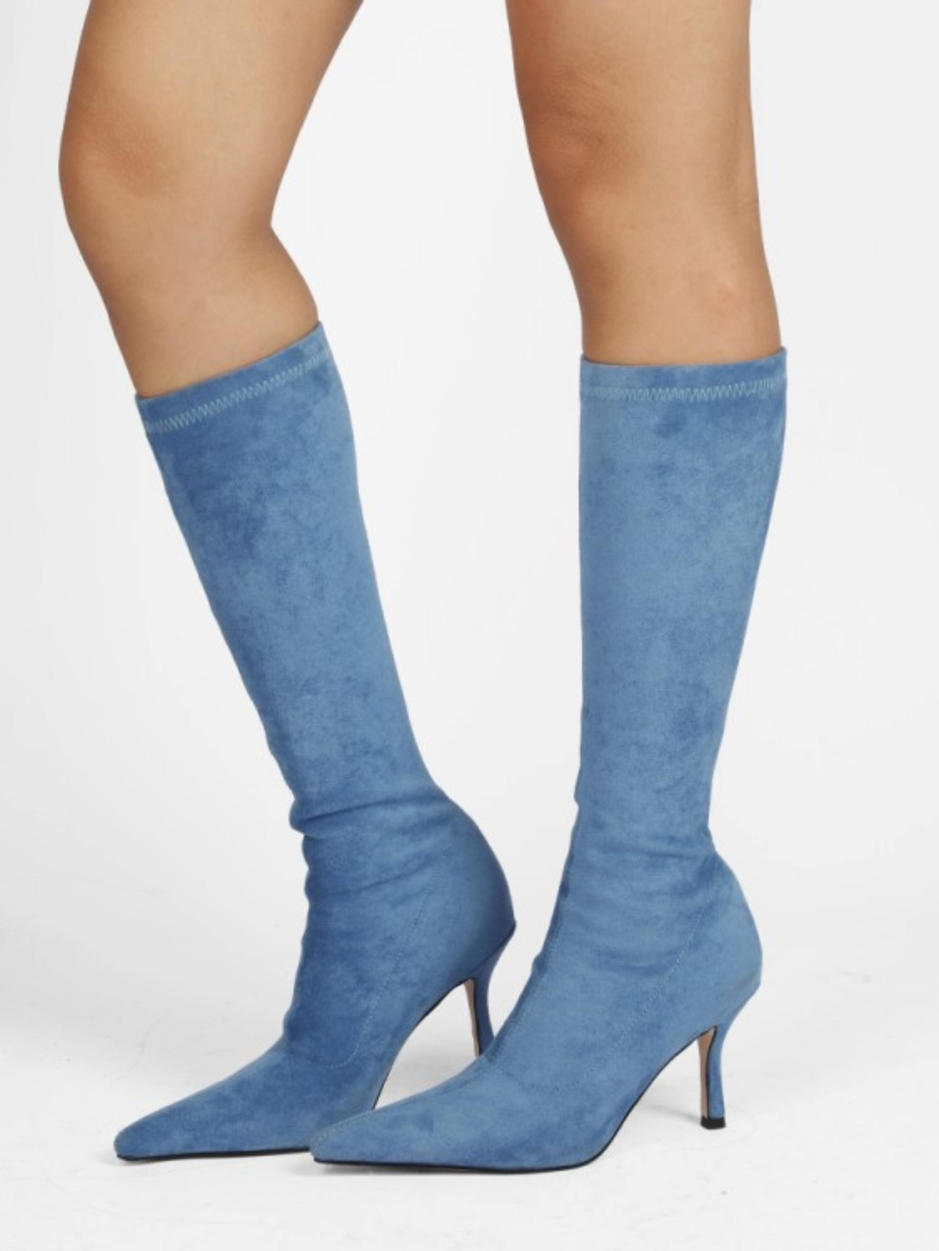 Sky Blue Lycra High-Heel Long Boots for Women