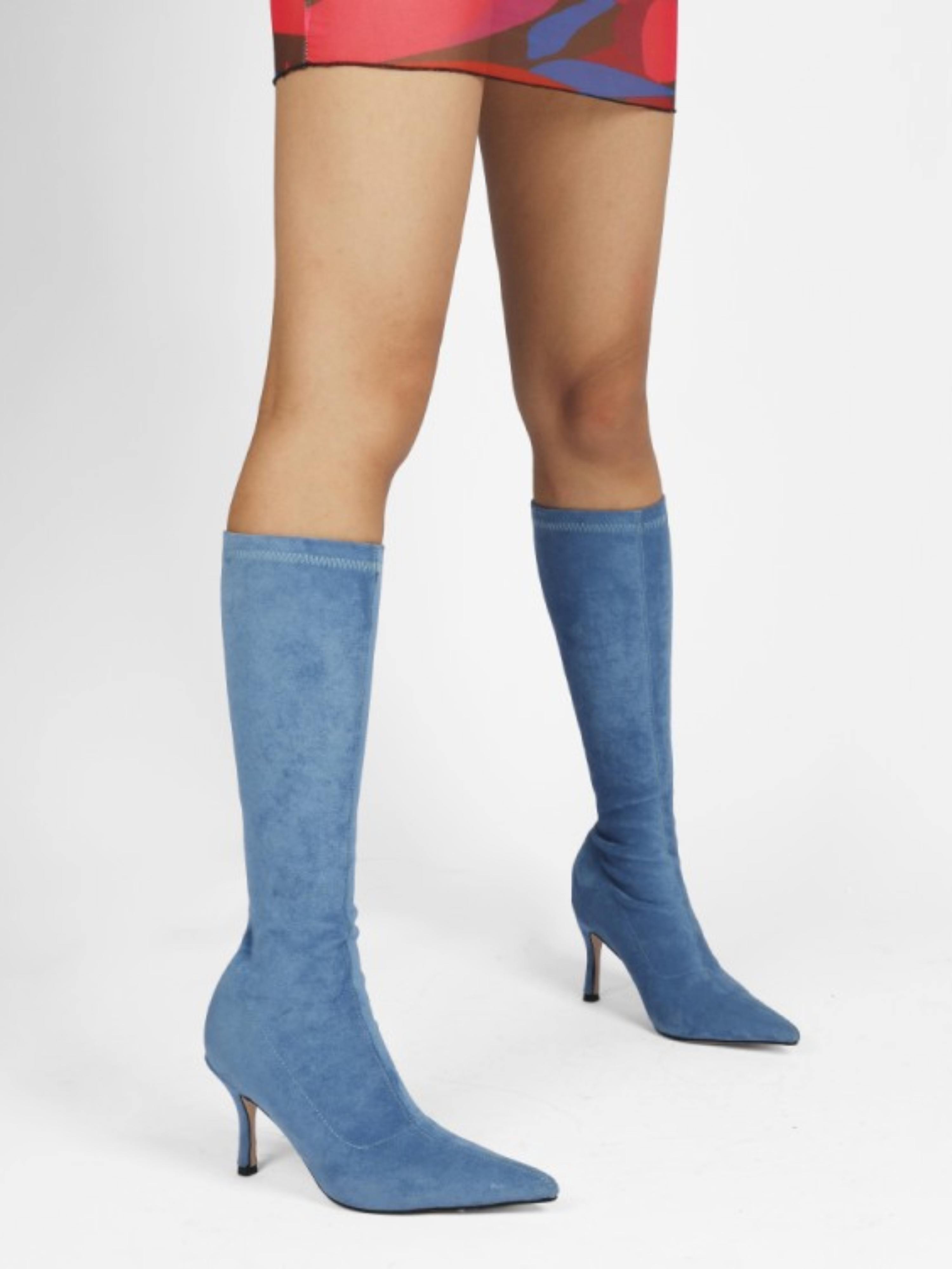 Sky Blue Lycra High-Heel Long Boots for Women