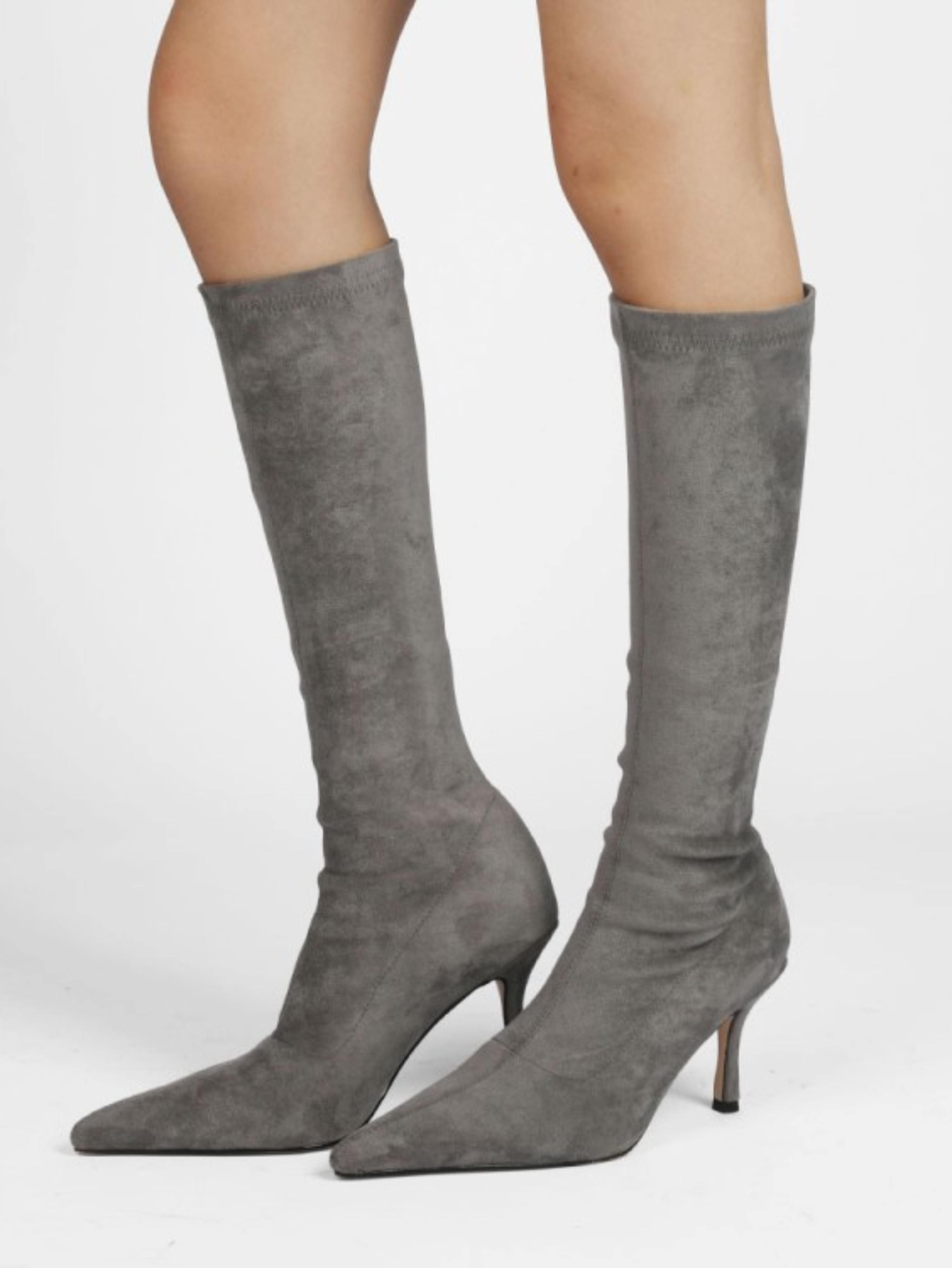 Gray Lycra High-Heel Long Boots for Women