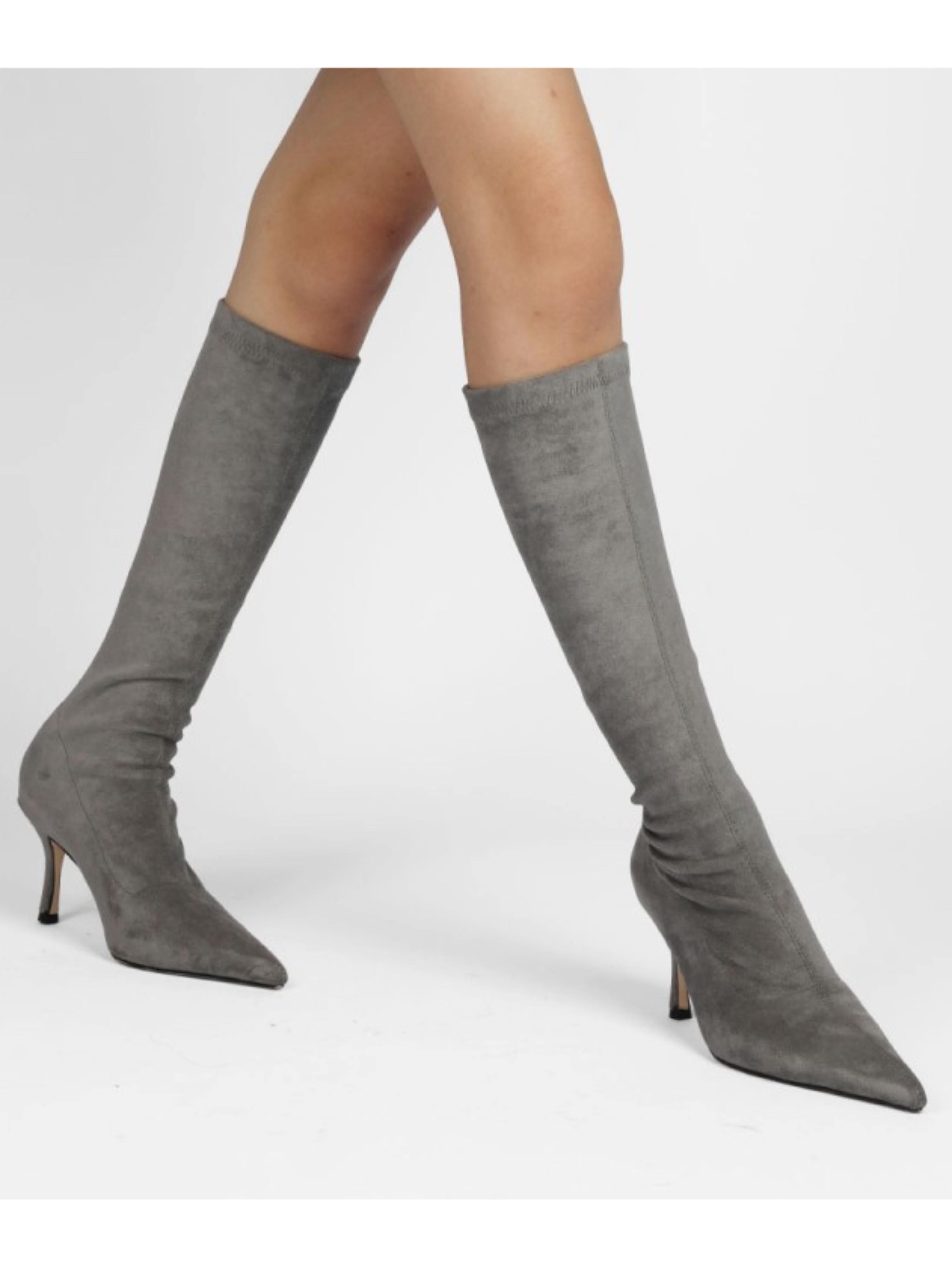 Gray Lycra High-Heel Long Boots for Women