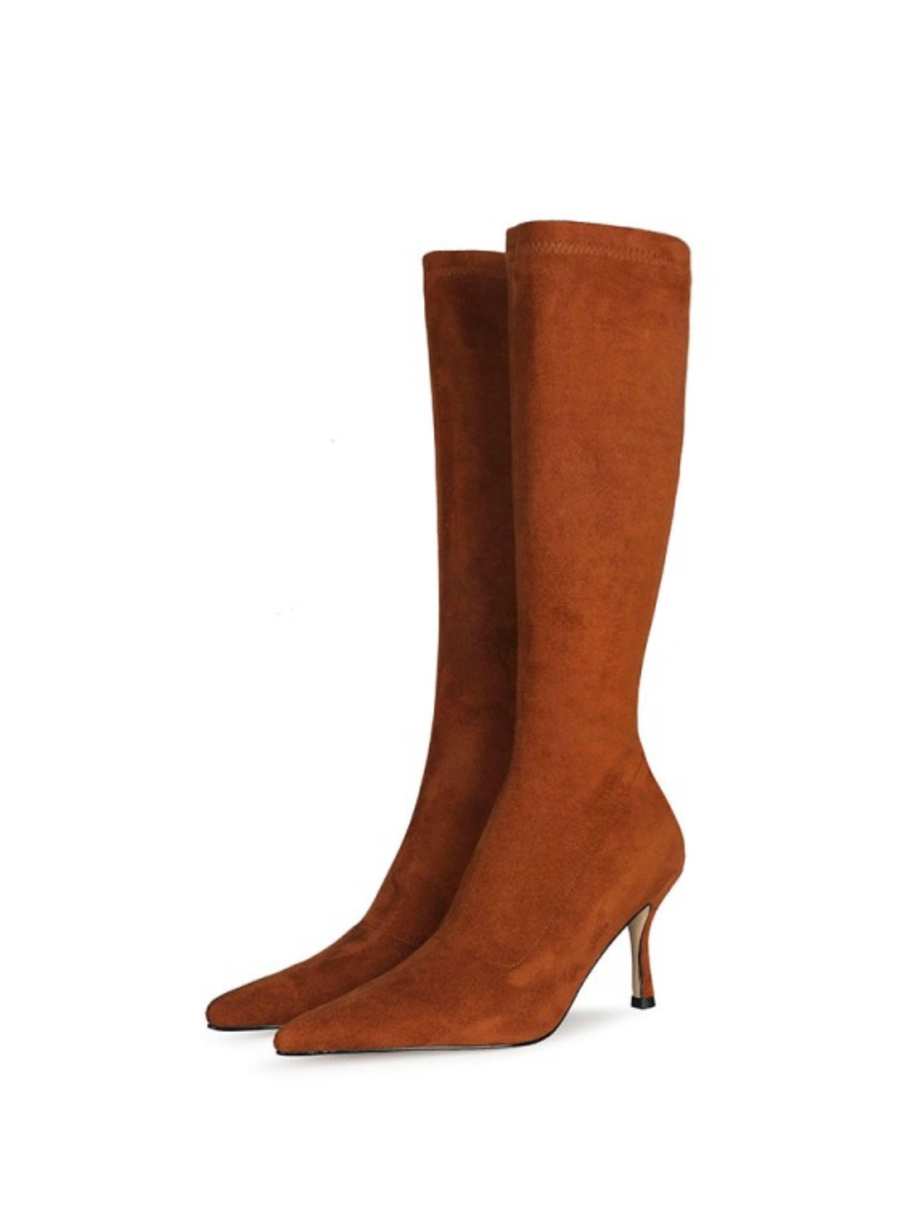 Brown Lycra High-Heel Women's Long Boots