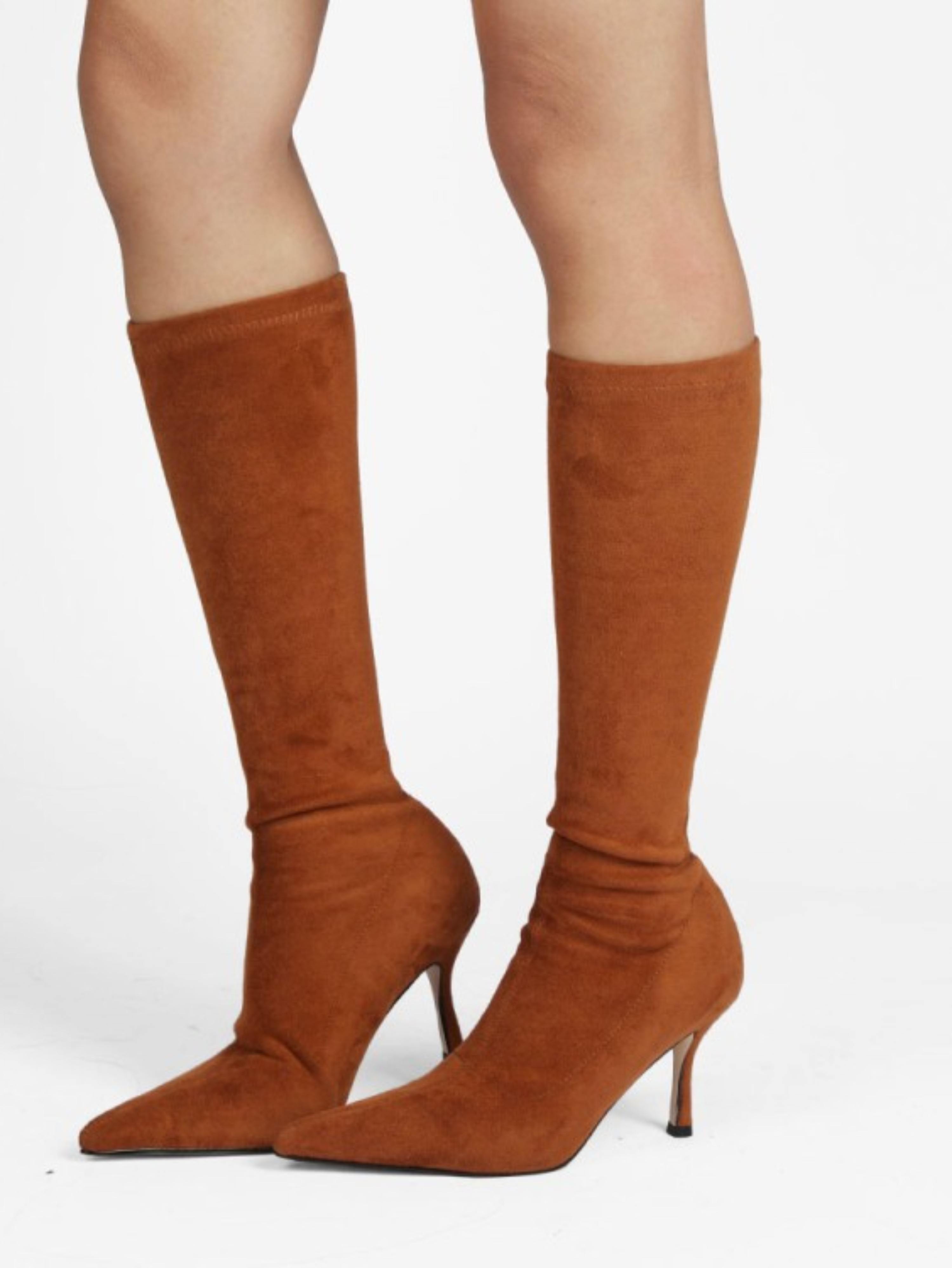 Brown Lycra High-Heel Women's Long Boots