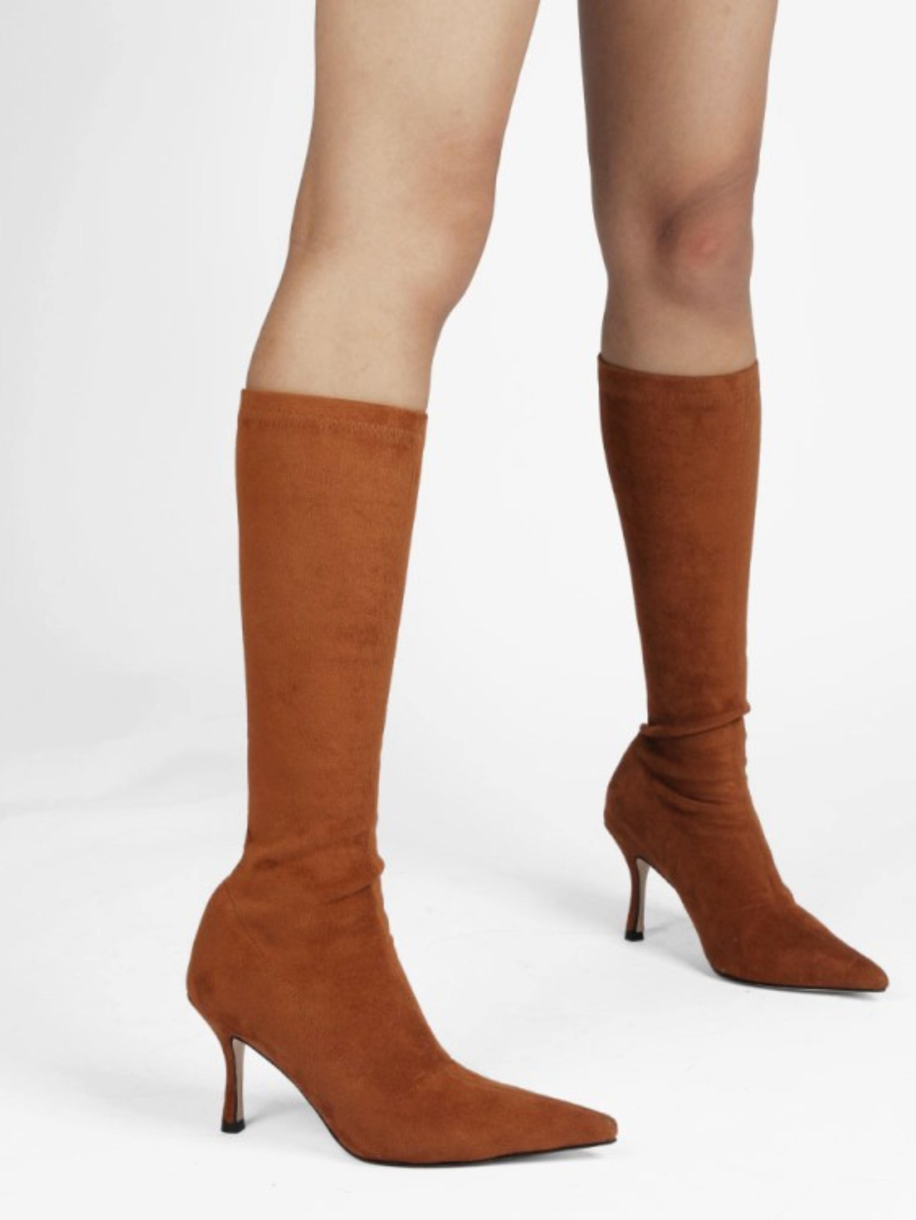 Brown Lycra High-Heel Women's Long Boots