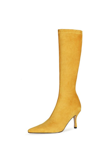 Yellow Lycra High-Heel Stretch Mid Calf Boots for Women