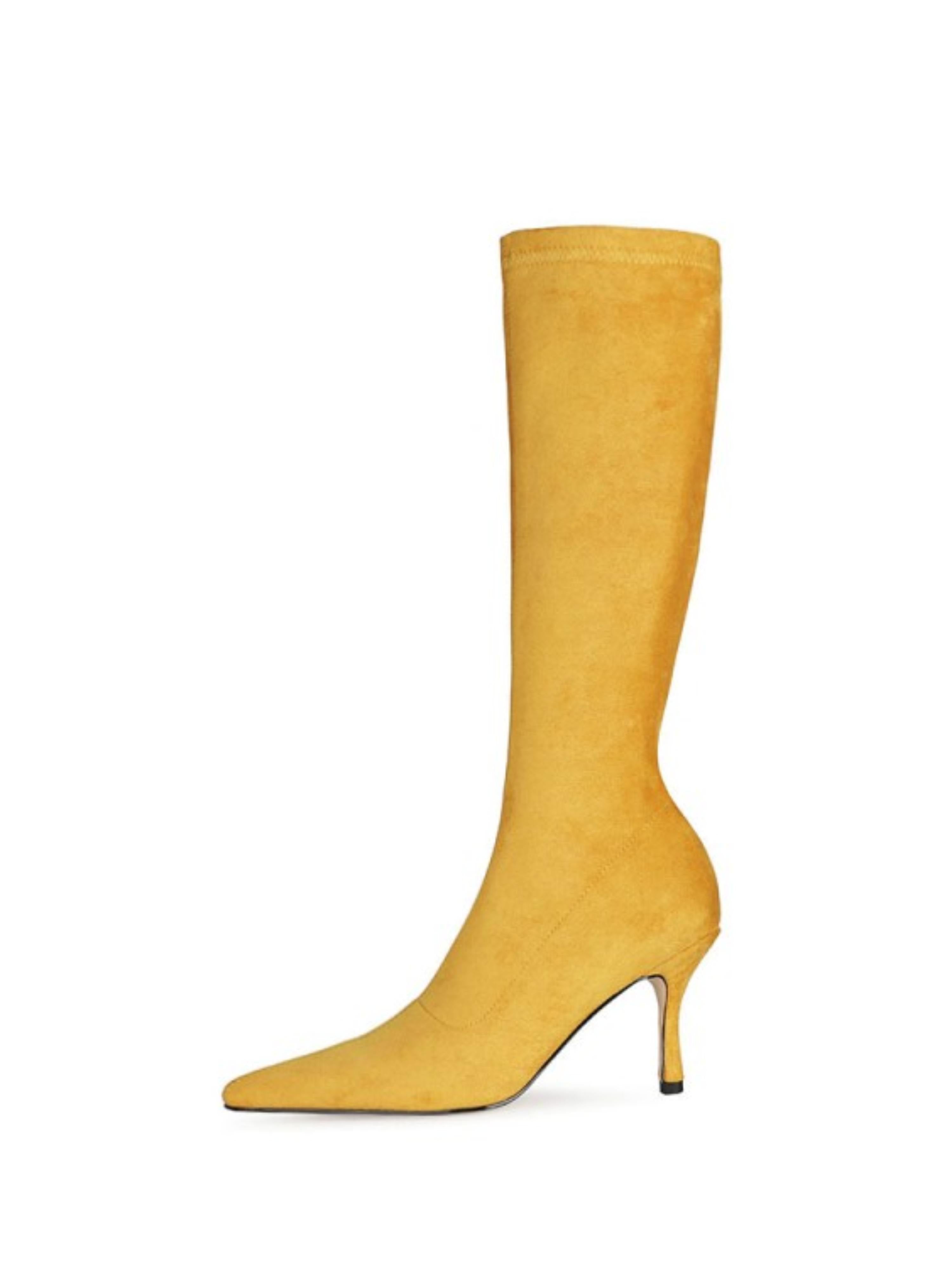 Yellow Lycra High-Heel Stretch Mid Calf Boots for Women
