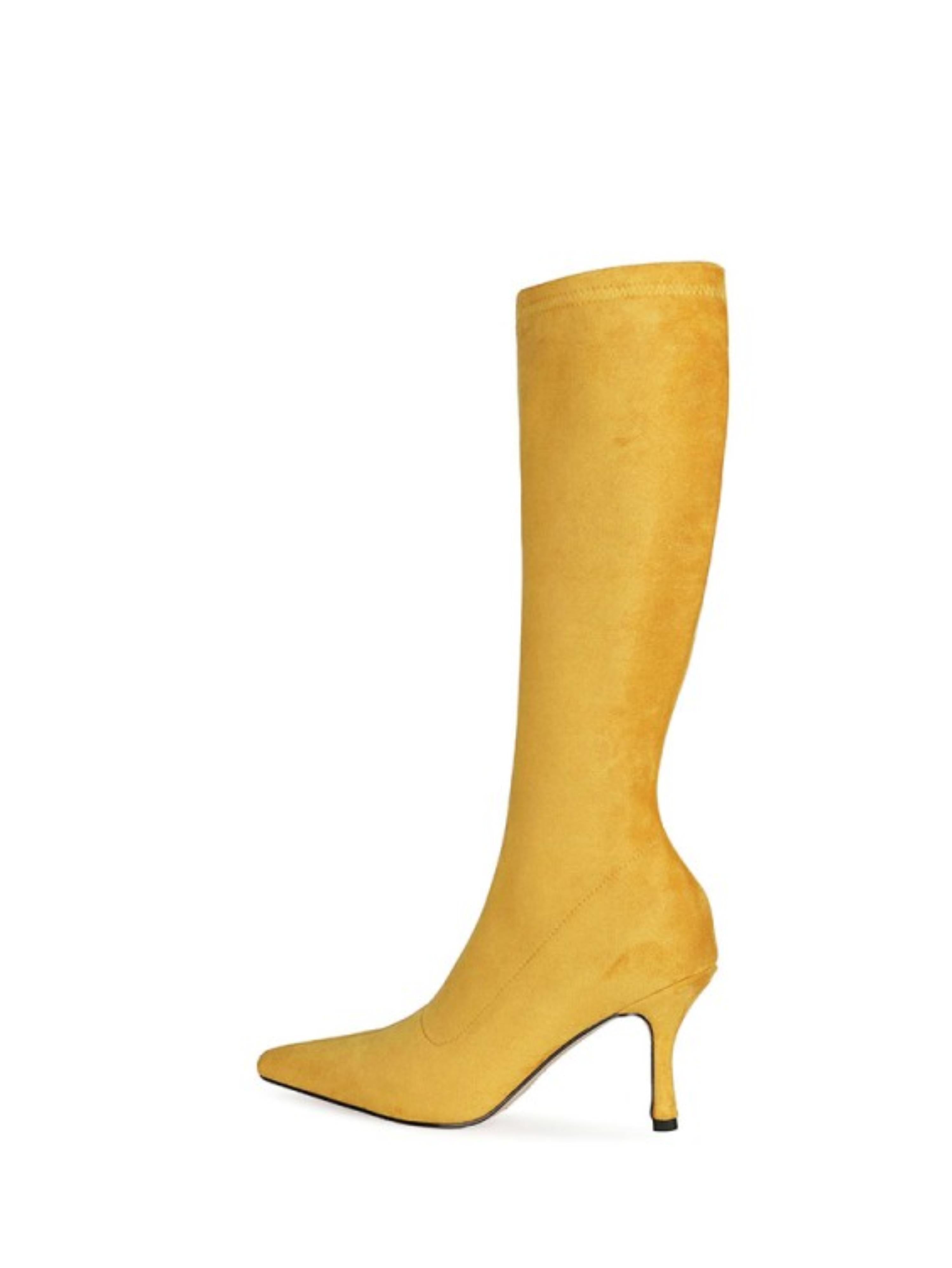 Yellow Lycra High-Heel Stretch Mid Calf Boots for Women