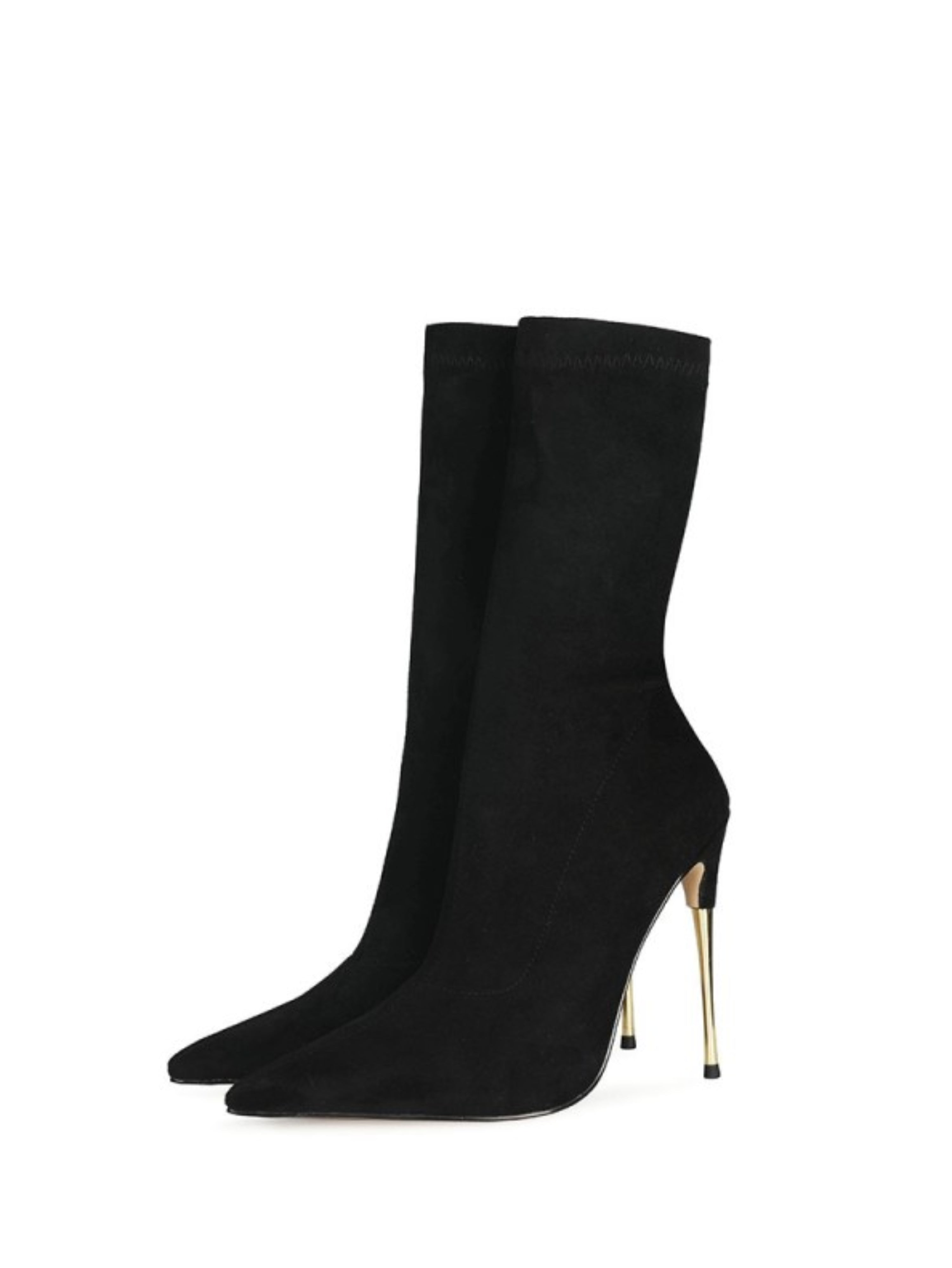 Black Pointed Toe Heeled Mid-Calf Sock Boots