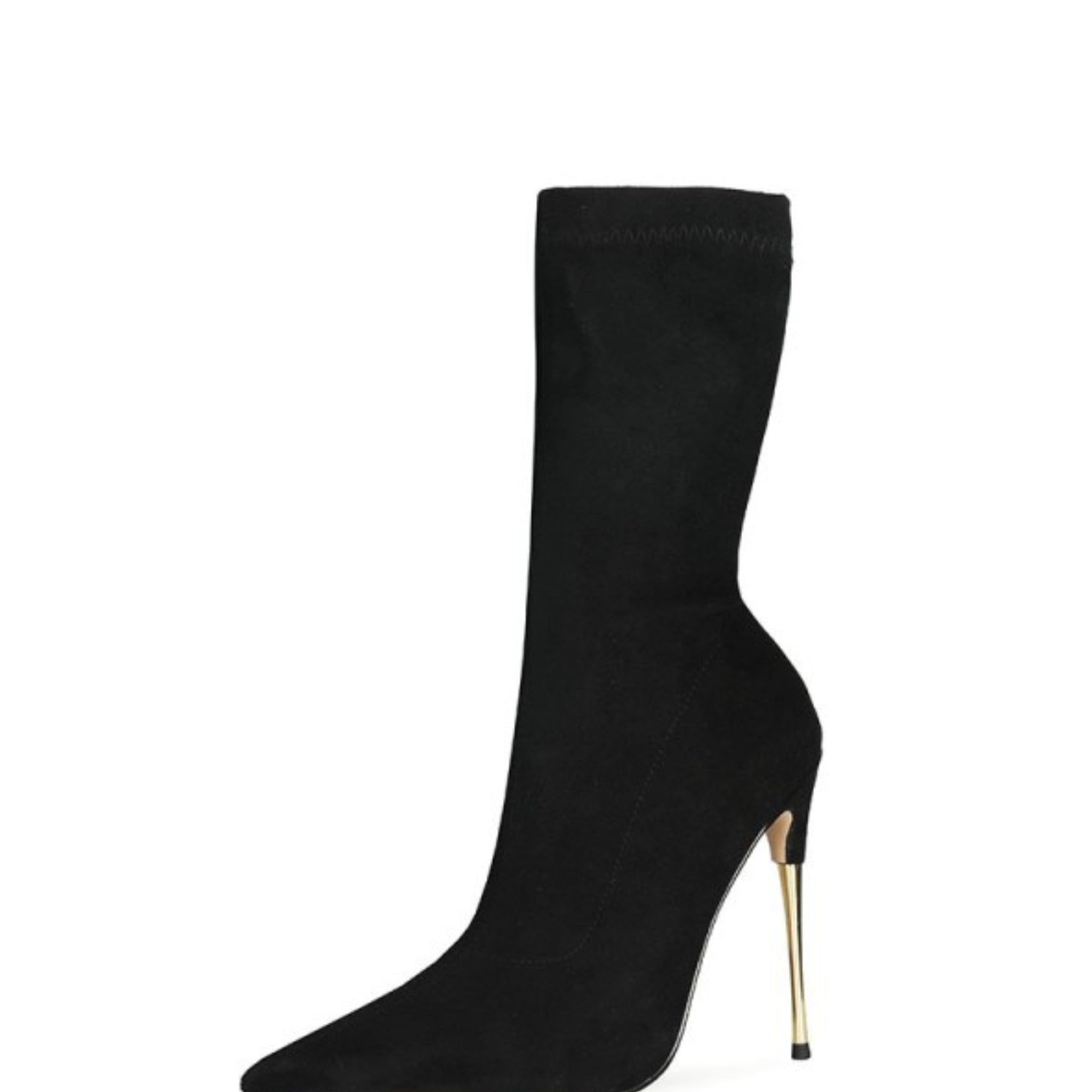 Black Pointed Toe Heeled Mid-Calf Sock Boots