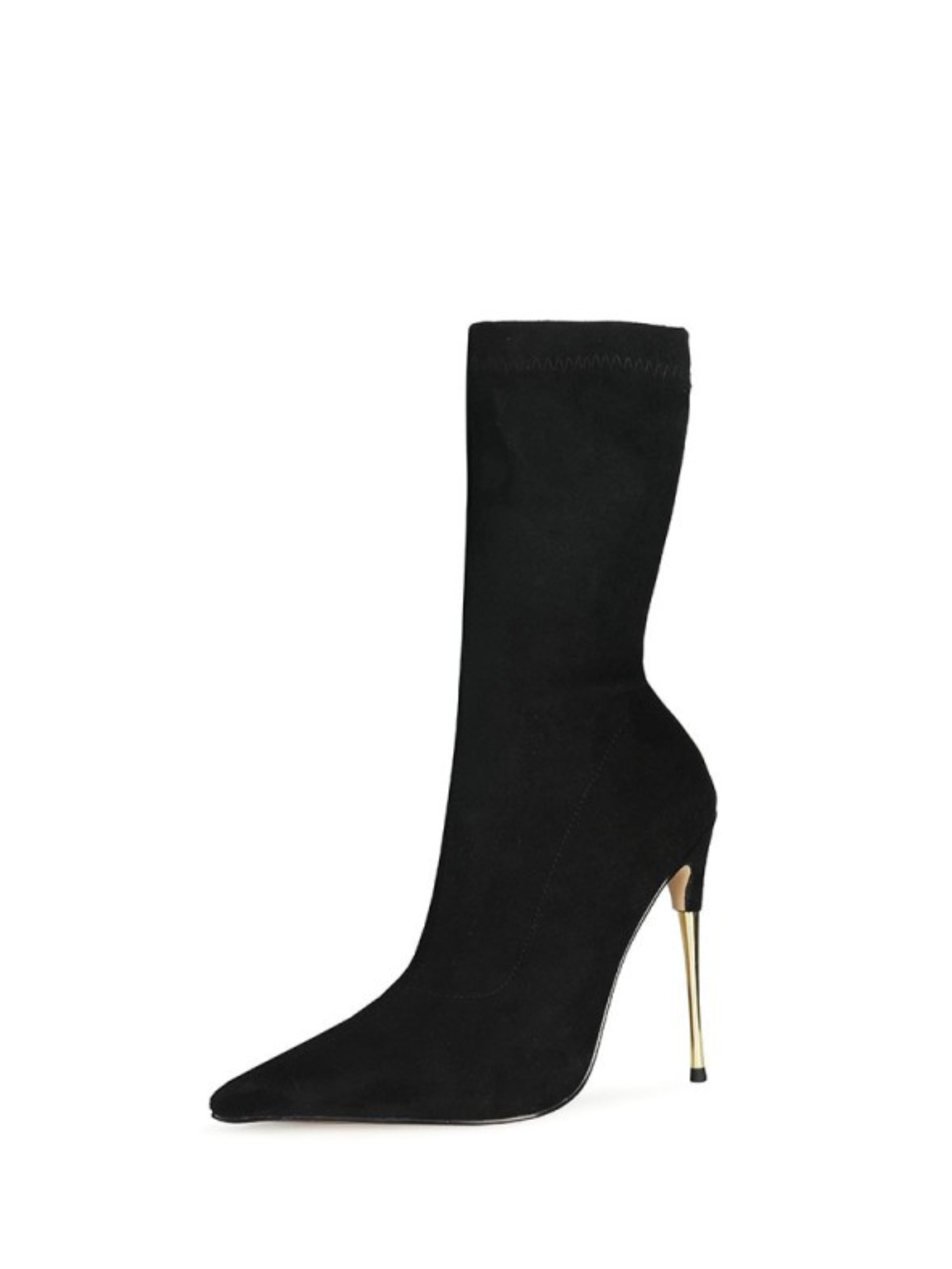 Black Pointed Toe Heeled Mid-Calf Sock Boots