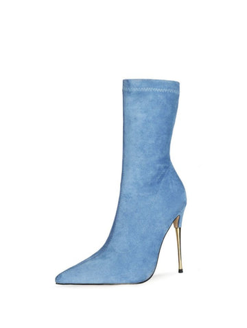 Blue Slip-On Stiletto Mid-Calf Boots Women