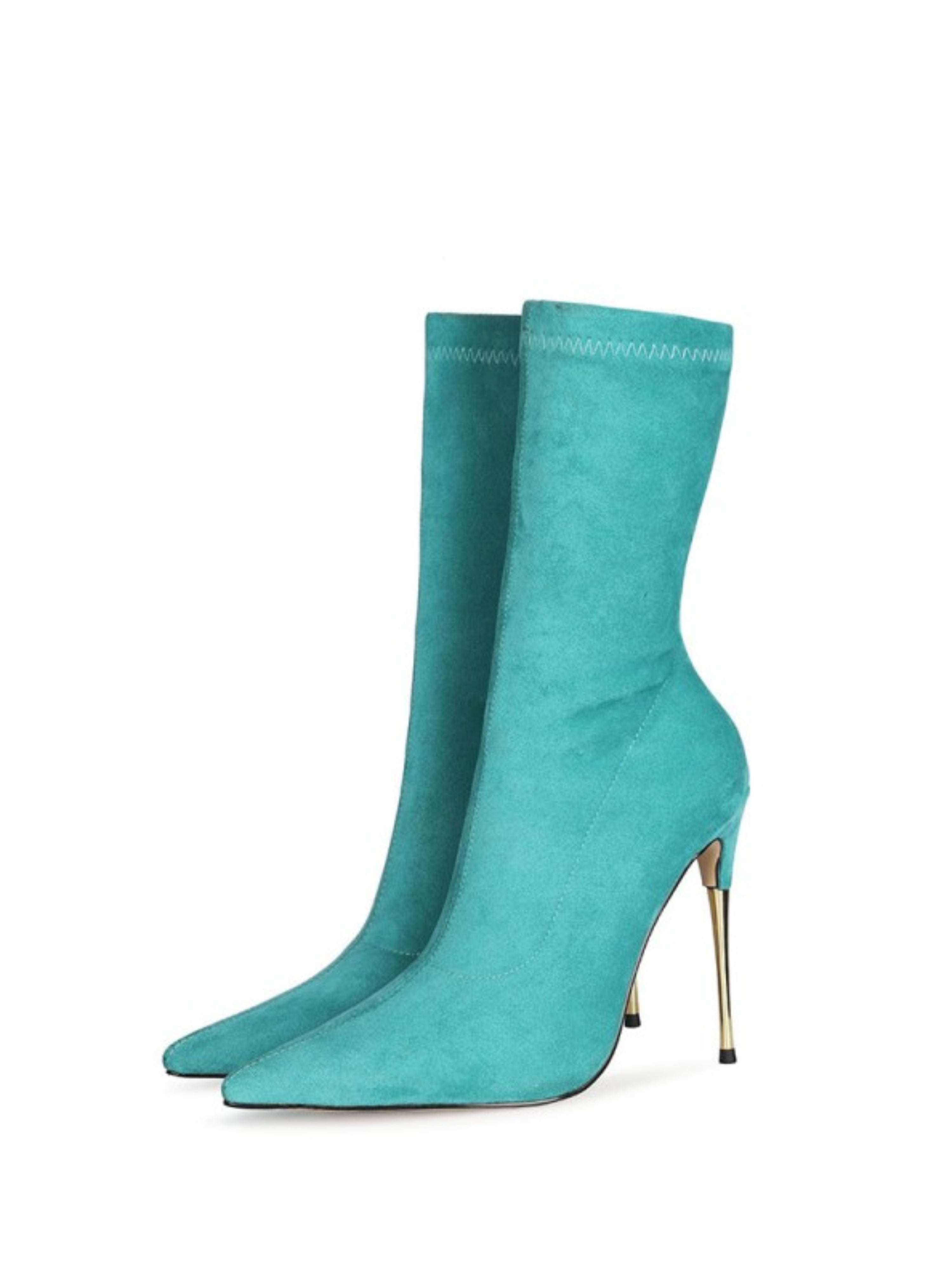 Turquoise Pointed Toe Mid-Calf Sock Boots with Stiletto Heels
