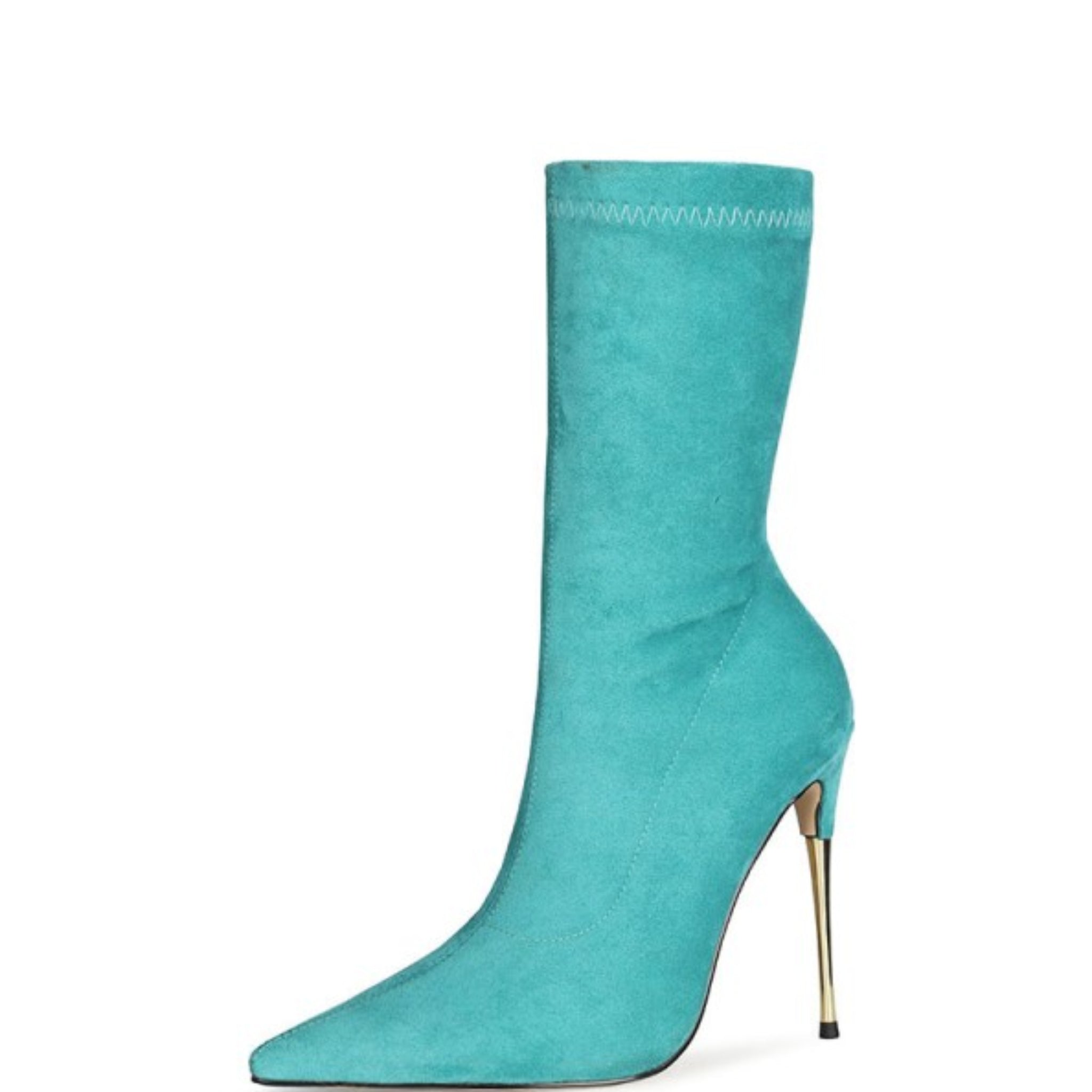 Turquoise Pointed Toe Mid-Calf Sock Boots with Stiletto Heels