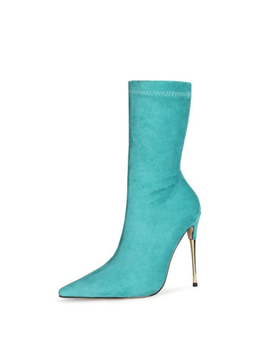 Turquoise Pointed Toe Mid-Calf Sock Boots with Stiletto Heels