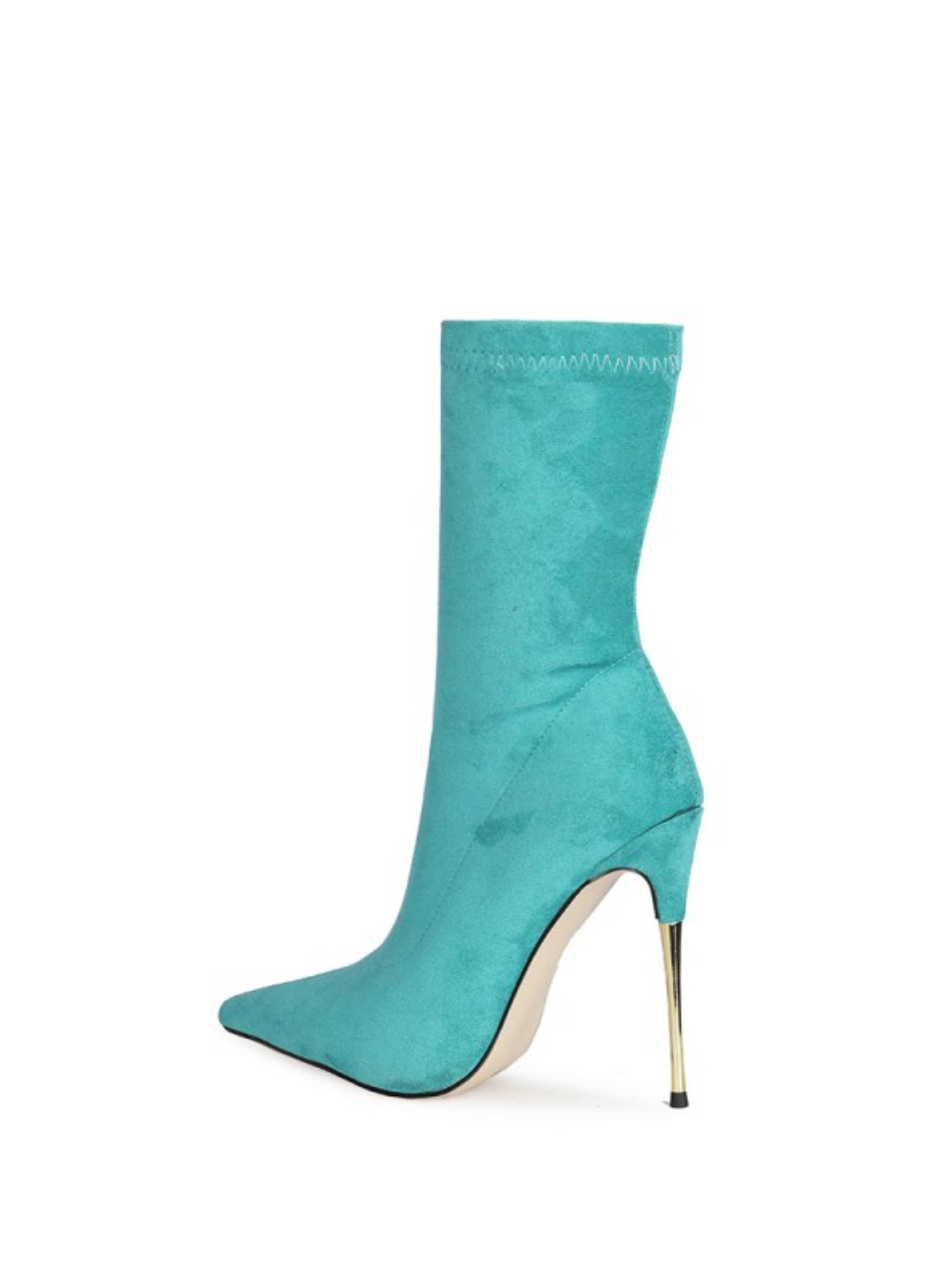 Turquoise Pointed Toe Mid-Calf Sock Boots with Stiletto Heels